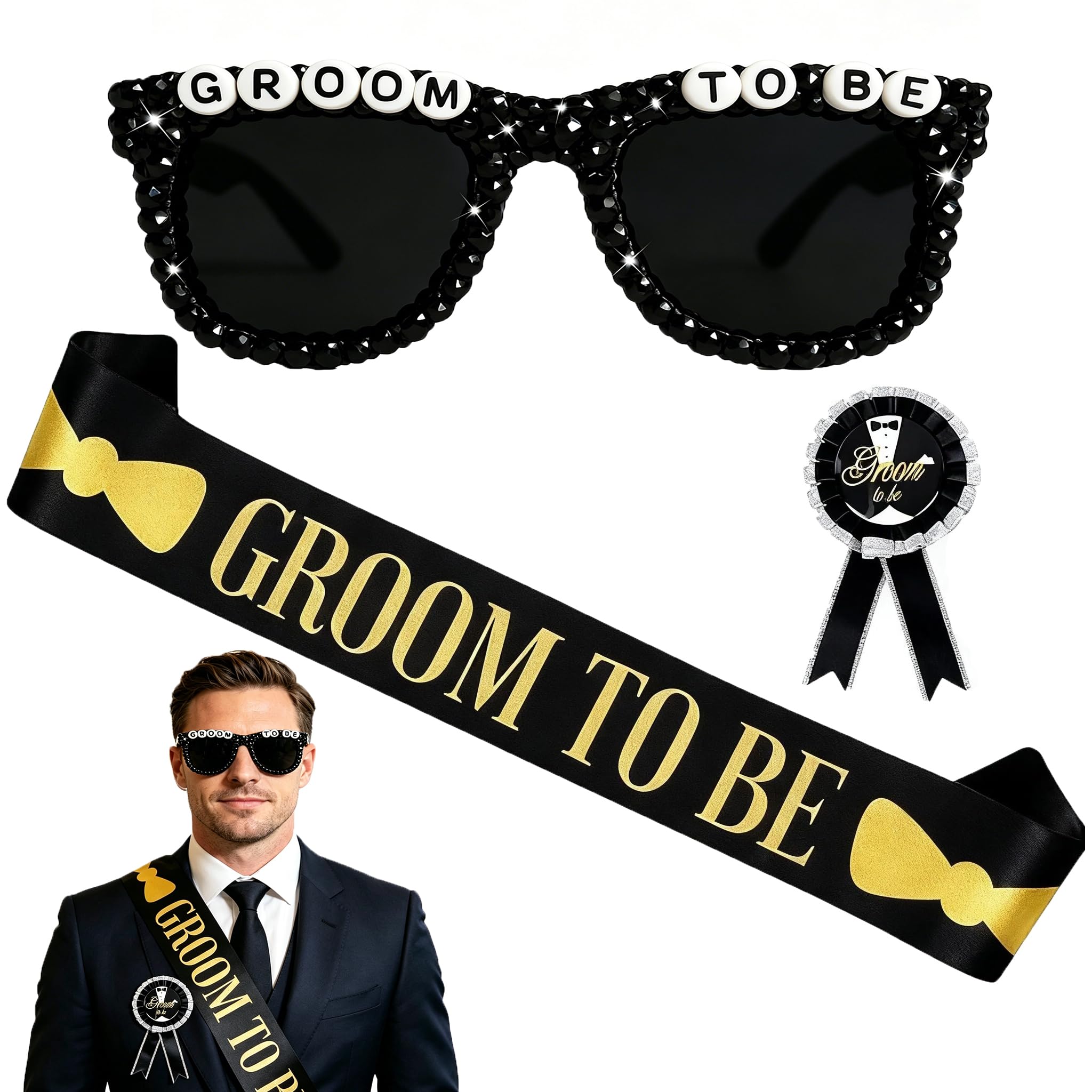 Embhlitfe 3 Pcs Stag Do Accessories Men,Black Gold Groom to Be Sash Badge Set with Groom to Be Glasses,Stag Party Decorations for Groom to Be Decorations Men Bachelor Party Celebrations