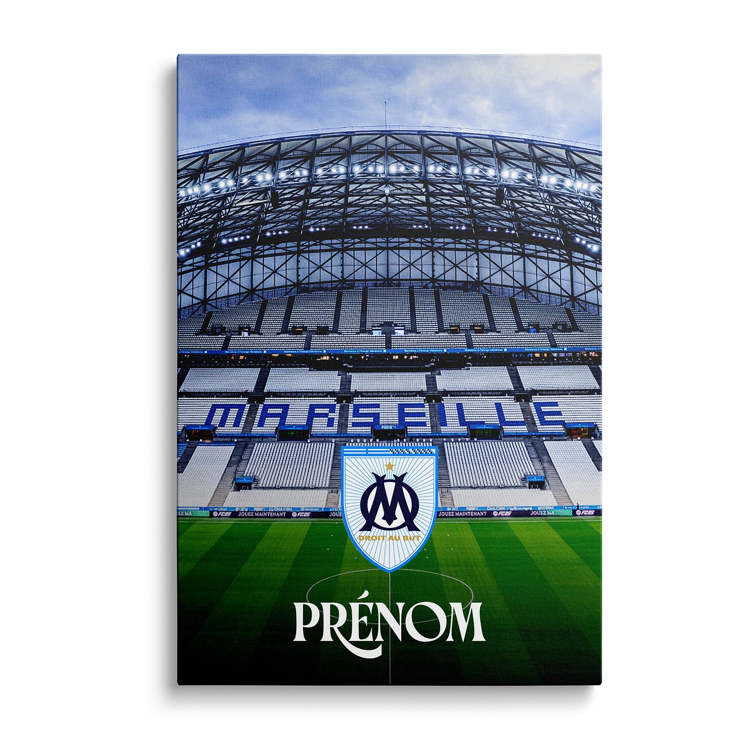 OneTrophy Toile Officielle Olympique de Marseille – Personnalisable avec Prénom ou Texte Libre – Décoration Murale Supporter – Made in France – Cadeau Supporter OM (Droit au but)