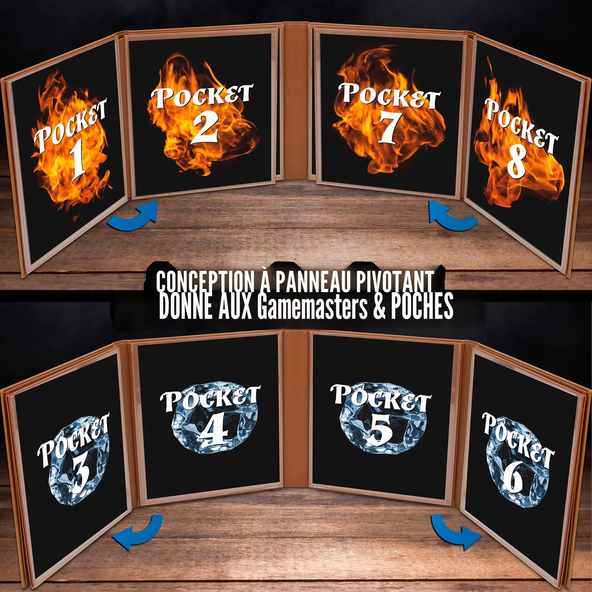 CASEMATIX DM Écran en Faux Cuir à 8 Panneaux Deluxe GM - Écran Pliable en Huit Panneaux pour Dungeon Master avec 2 Panneaux Basculants et Pochettes Effaçables à l'Eau pour TTRPG, Inserts Non Inclus