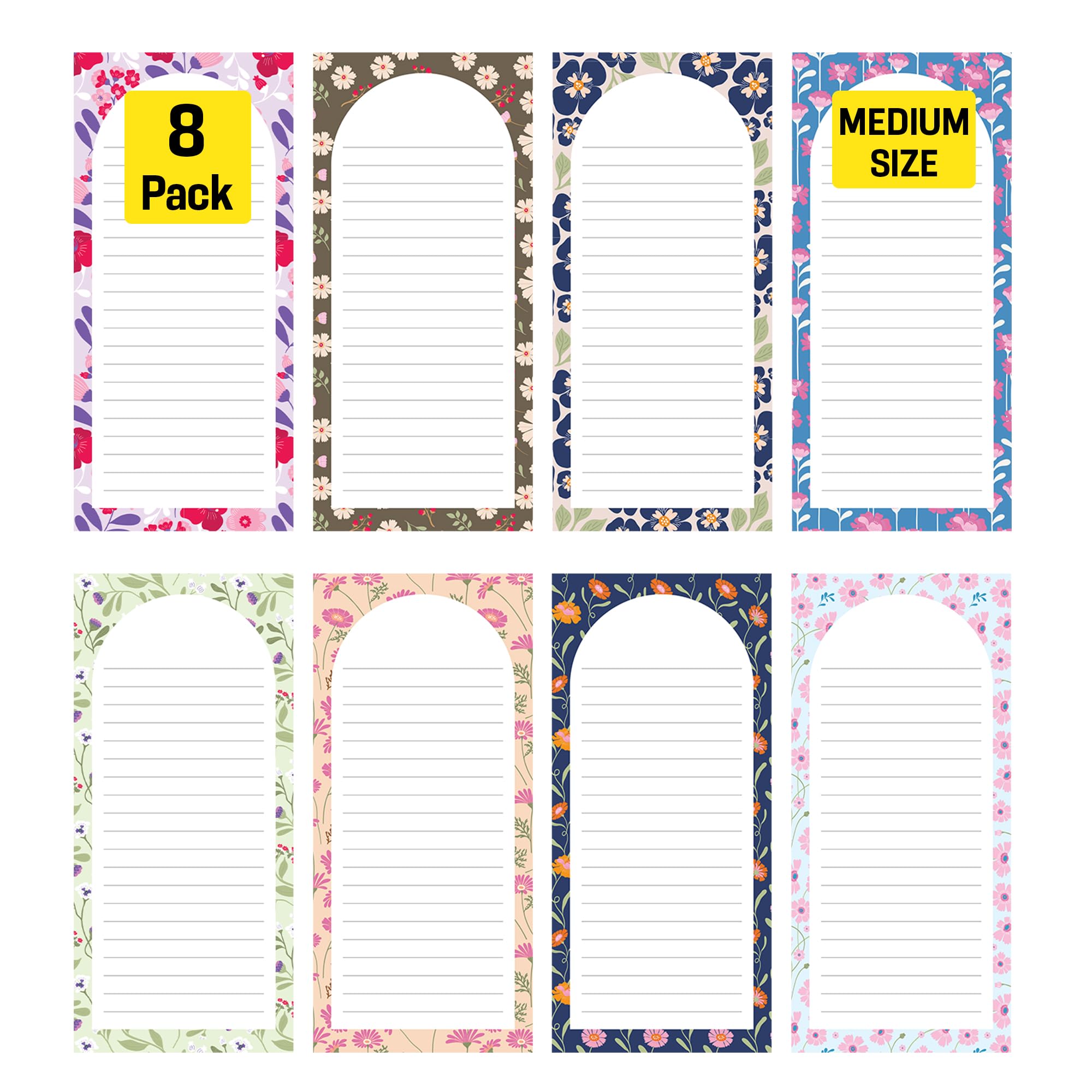 8 Magnetic Notepads – Notepads for Grocery List, Shopping List, To-Do List, Reminders -Strong Magnetic Back- Memo Notepad with Floral Designs | 25 Sheets per Pad 7.5 x 3.5 inch (8 Pack)