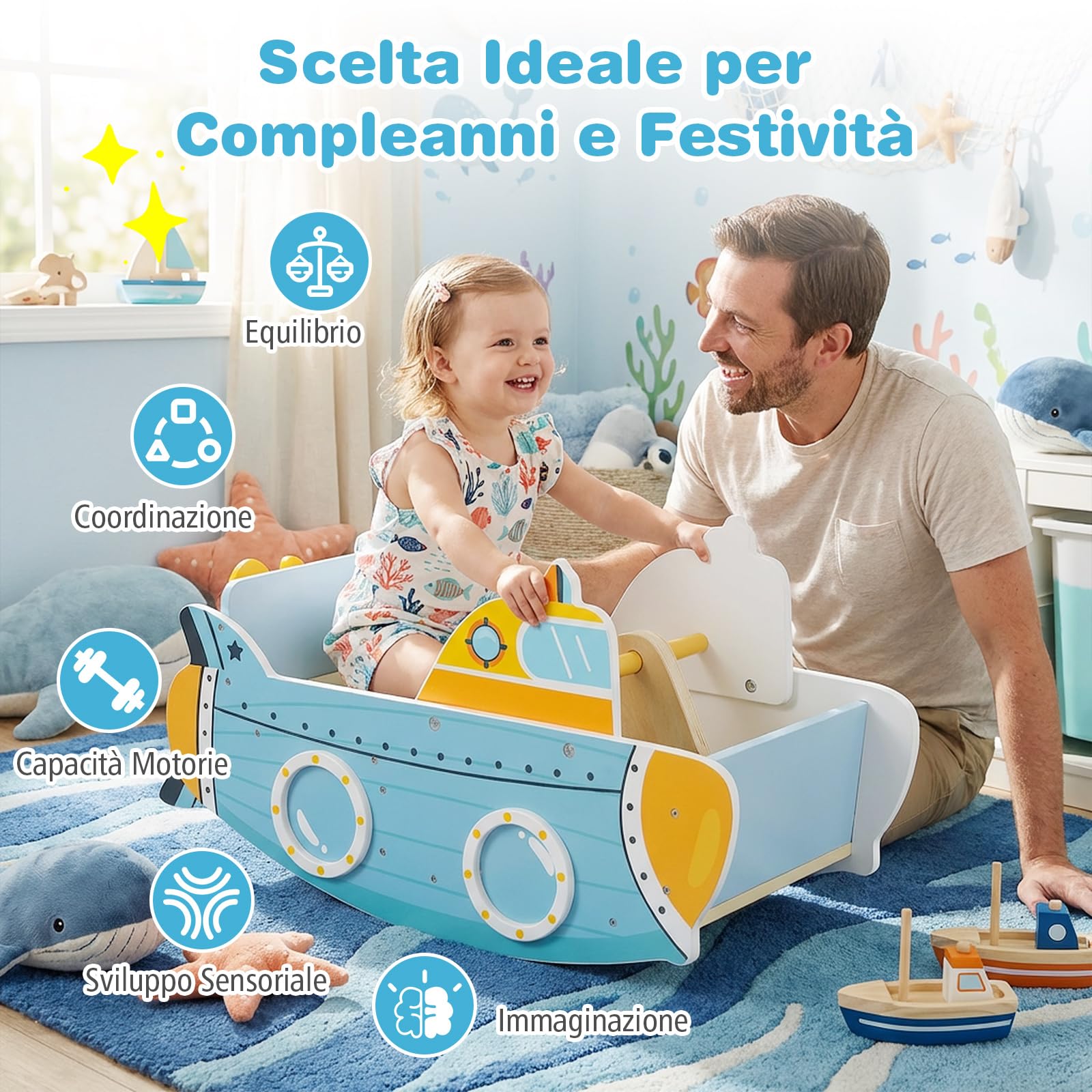 COSTWAY Cavallo a Dondolo per Bambini a Tema Sottomarino con Elica Rotante