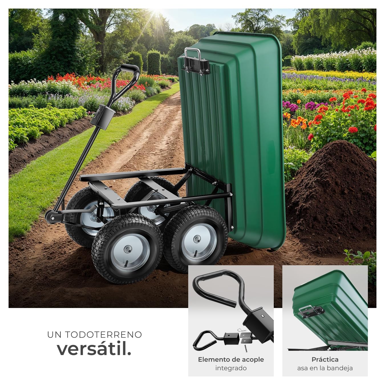 tectake® Carro de Jardin con Ruedas Neumáticas, Carretilla de Mano para Herramientas y Jardinería, Carrito de Transporte Resistente para Distintos Usos - 107 x 58 x 60,5 cm 300 Kilos de Carga