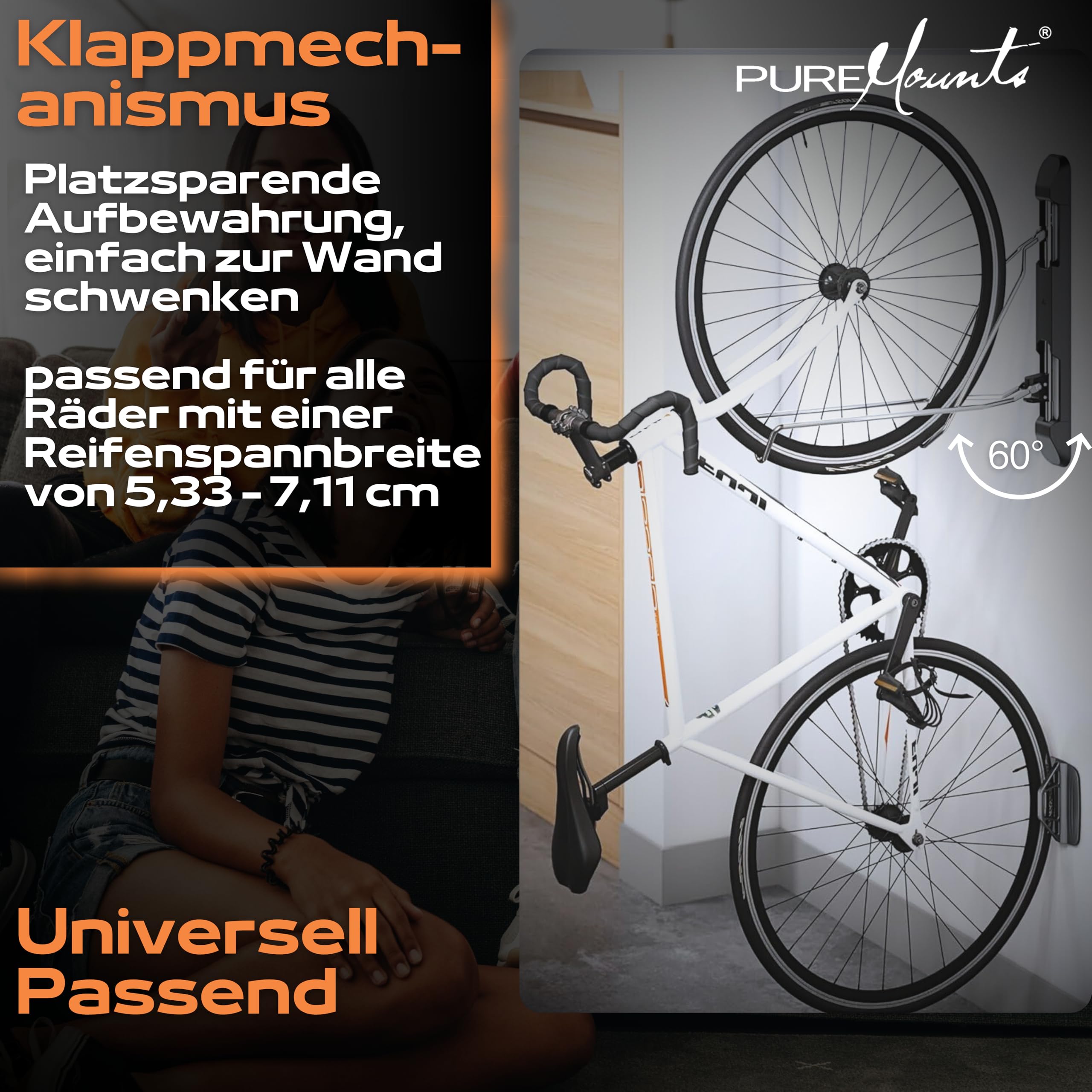 PureMounts Fahrrad Wandhalterung, Fahrradhalterung, Fahrradhalter, höhenverstellbar, schwenkbar für E-Bike, MTB bis 35 kg, Fahrrad Aufhängung Wand Garage Keller, Fahrradwandhalterung, Schwarz