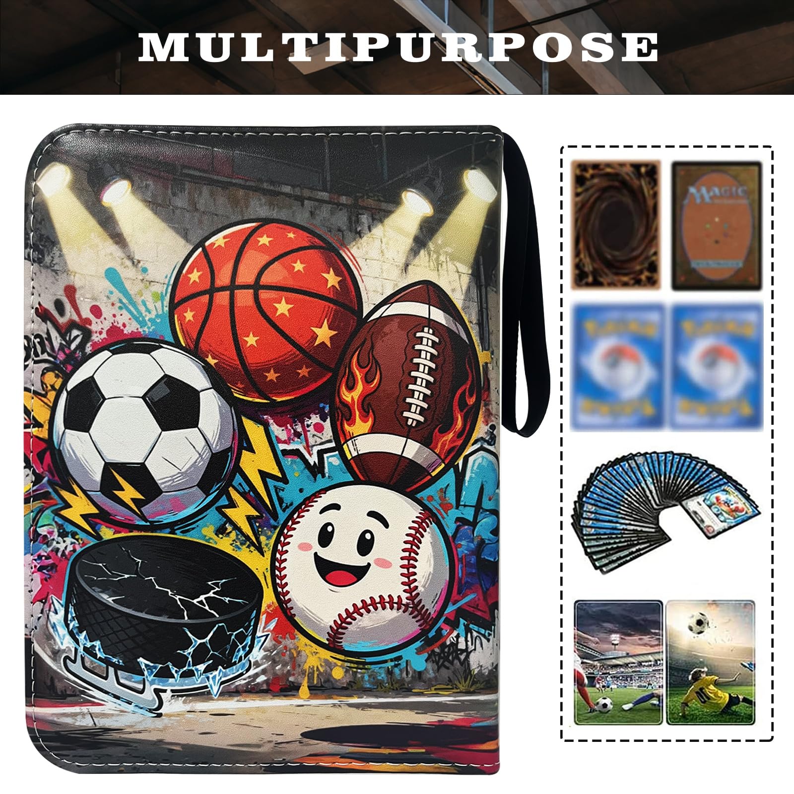 Raccoglitore per carte sportive, porta carte con 4 tasche, raccoglitore per 400 carte con 50 maniche rimovibili su entrambi i lati, custodia per album per giochi sportivi, carte collezionabili