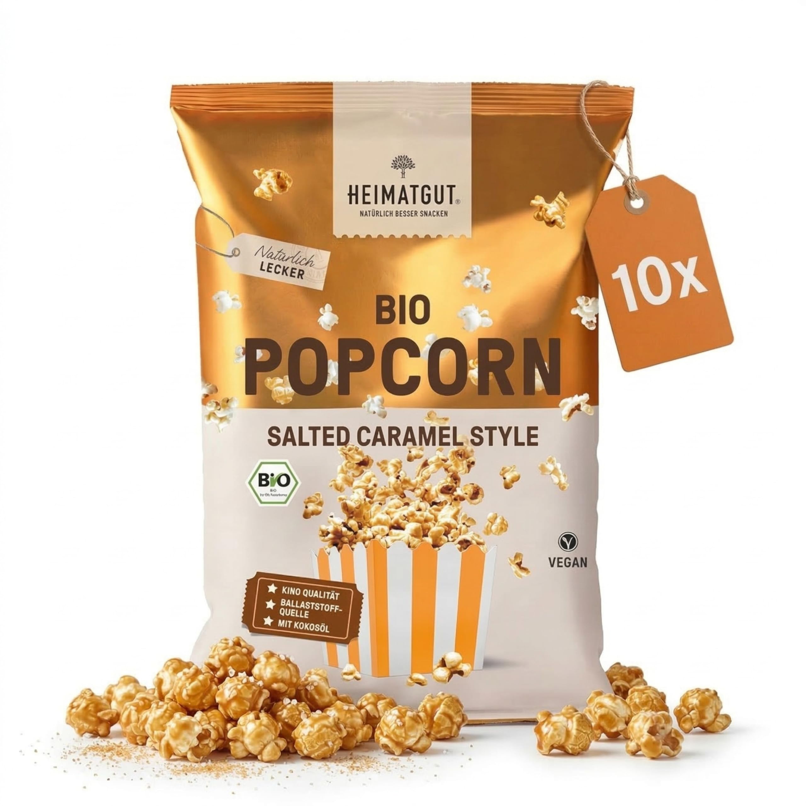 HEIMATGUT® Bio Veganes Popcorn | Premium Butterflycorn Popcorn-Mais | Mit Bio Kokosöl | Ohne Butter & Palmöl | Glutenfrei | Veganer Snack ohne künstliche Zusätze | 10 × 90 g