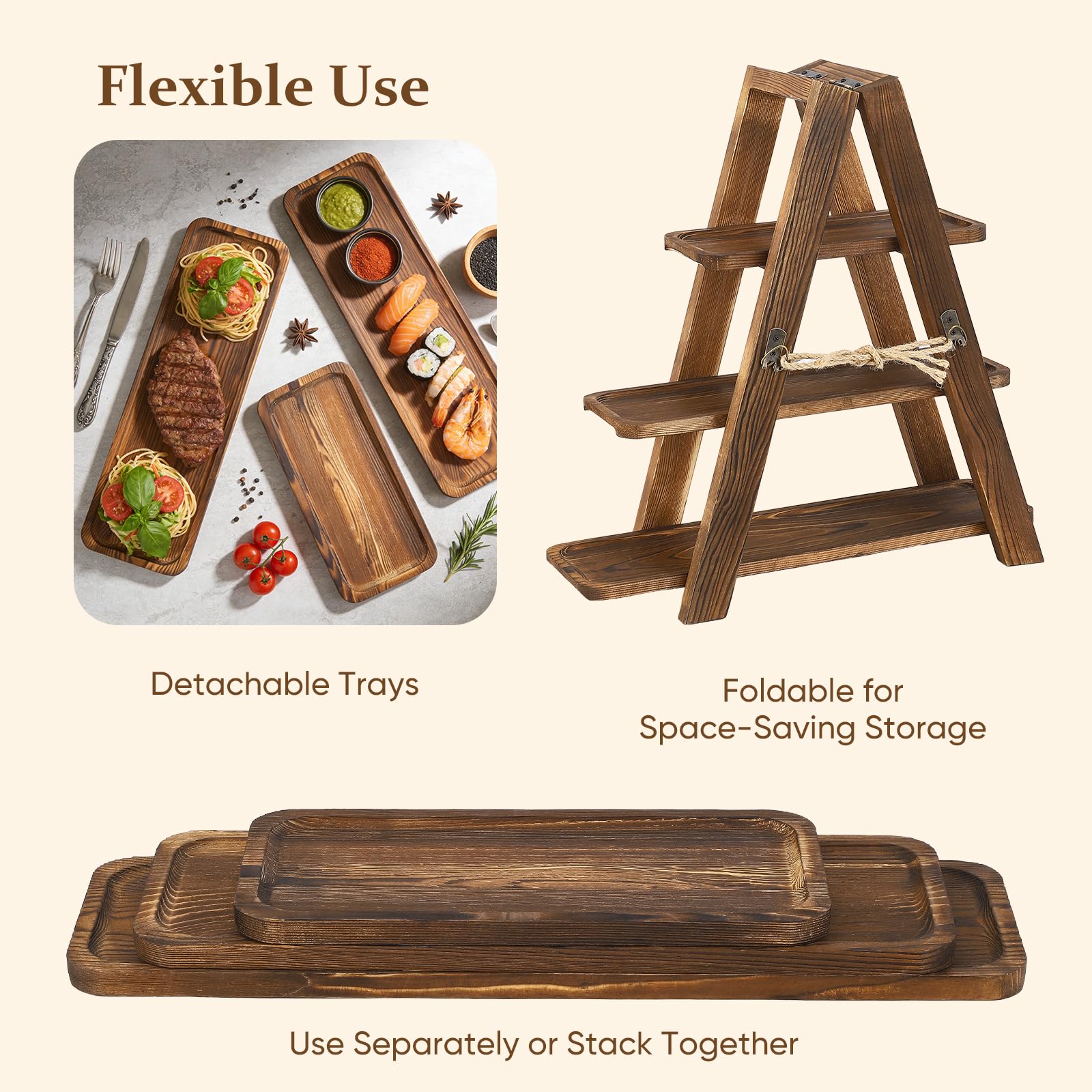 Holz Cupcake Ständer 3‑stufig, 121cm Großer Akazienholz Kuchenständer, Faltbarer Dessert Präsentierständer mit Schrägen Etagen für Geburtstag, Nachmittagstee, Hochzeit, Party, Café