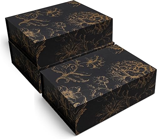 Caja de regalo de recuerdo de lujo, paquete de 3 cajas decorativas florales de color negro dorado con tapas magnéticas para regalos, caja de