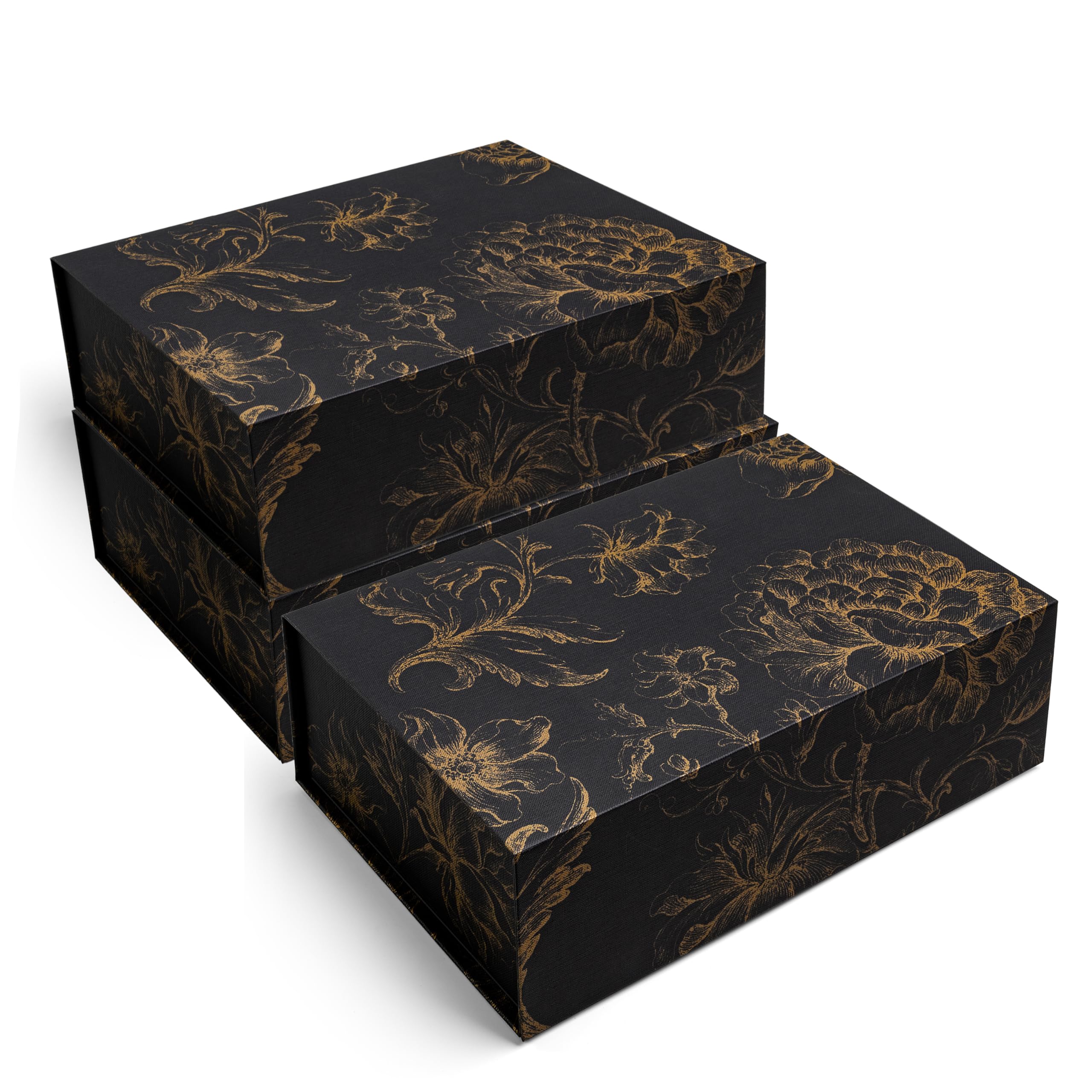Sorarto Luxury Keepsake Gift Box 3-Pack | Black Gold Floral Decorative Boxes with Magnetic Lids for Presents, Wedding Memory Box, and Bridal Gifts.