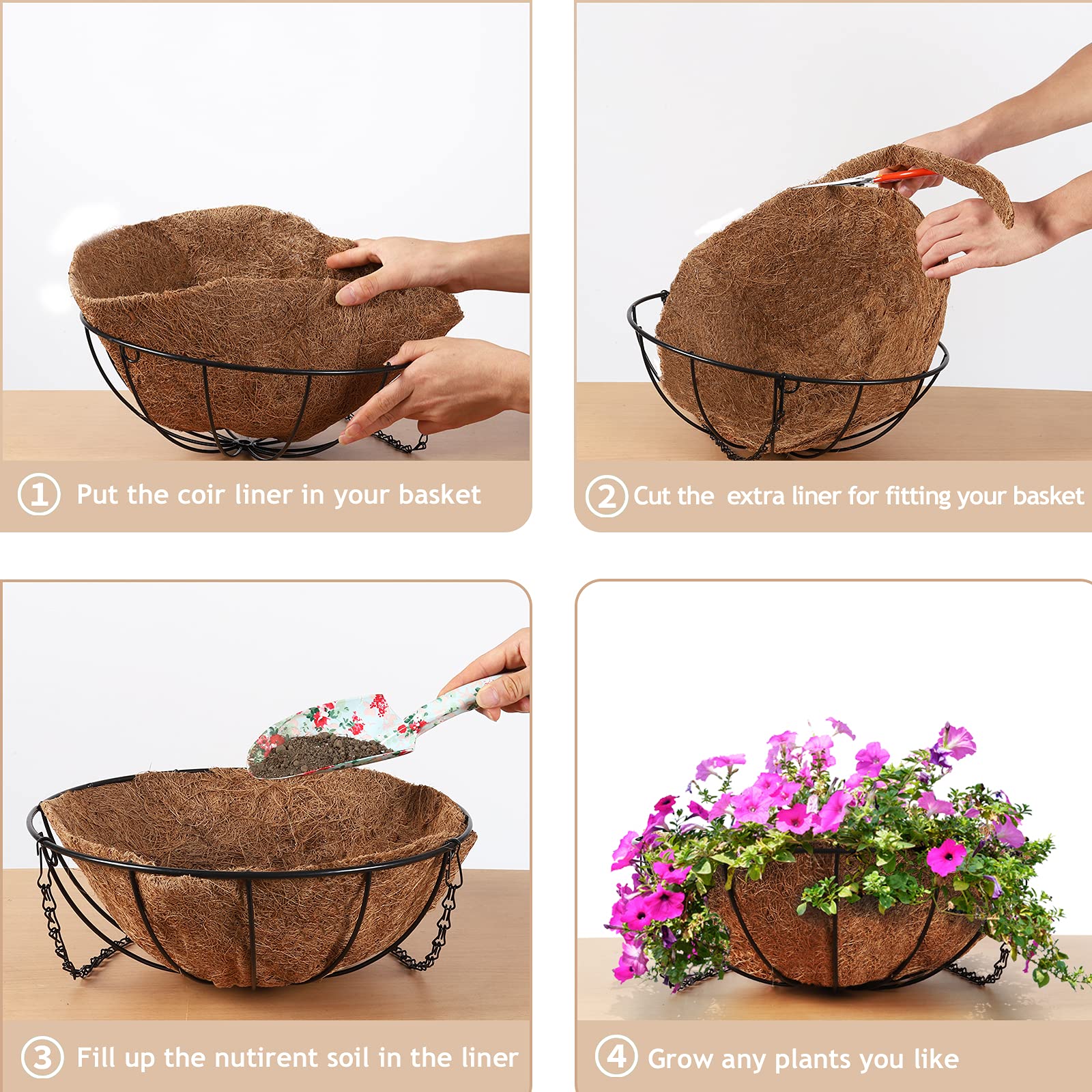 100% naturalne wkładki Coco do wiszących koszy 30 cm, 2 szt., przyjazne dla środowiska, wymienne wkładki do doniczek, idealne do wzrostu kwiatów i roślin, oddychające