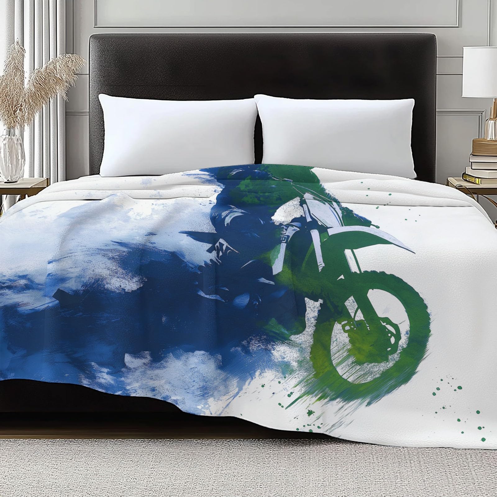 Sztuka abstrakcyjna, ultramiękki koc flanelowy, narzuta, 220 x 240 cm, pluszowy i ciepły, abstrakcyjny, zielony, niebieski, terenowy, motocykl, lekki koc na łóżko, na sofę, podróż i dla dzieci