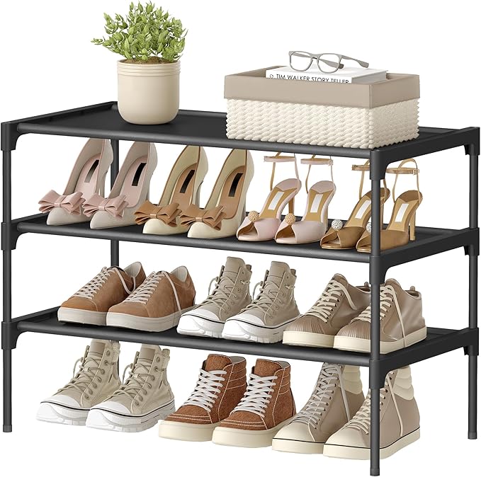 SONGMICS 3-Tier Shoe Rack, Shoe Storage Organiser, Hallway, Space-Saving, 29.7 x 62.3 x 53.5 cm, Metal Frame, Non-Woven Fabric Shelves, Ink Black LSH0
