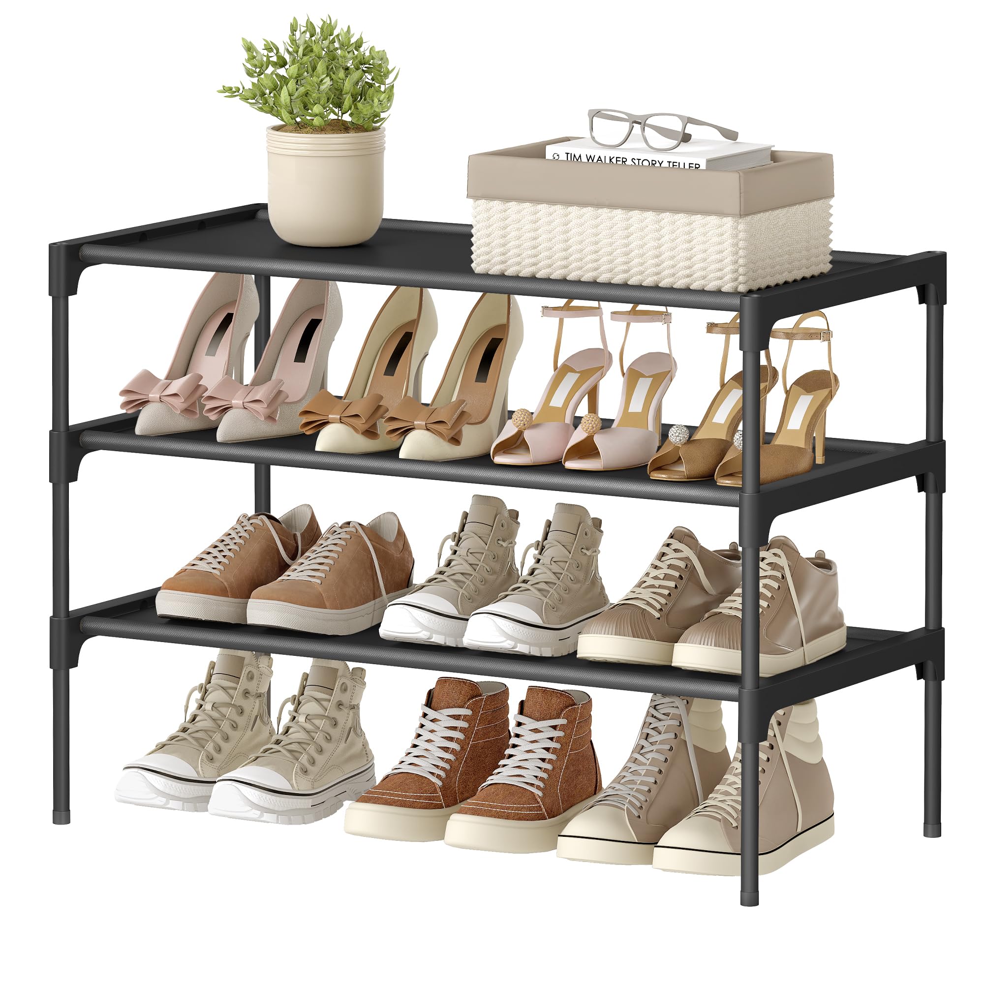 SONGMICS 3-Tier Shoe Rack, Shoe Storage Organiser, Hallway, Space-Saving, 29.7 x 62.3 x 53.5 cm, Metal Frame