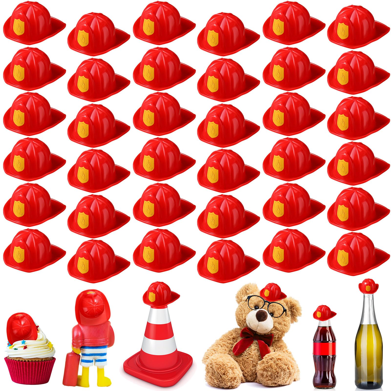 Sratte 36 Pcs Miniature Red Firefigher Hats Mini Fireman Bottle Toy Doll Hats Lovely Plastic Cake Pops Cake Topper Funny Bottle Decor for Party Supplies