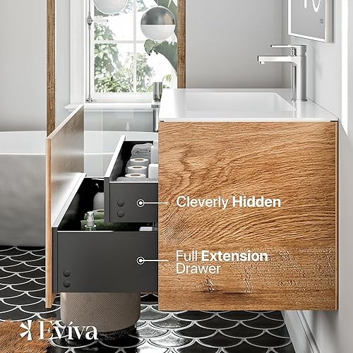 Miniatura 4 de Eviva Tocadores de baño modernos montados en la pared, tocador de baño de roble de ingeniería de 36 pulgadas con fregadero, gabinete de lavabo de