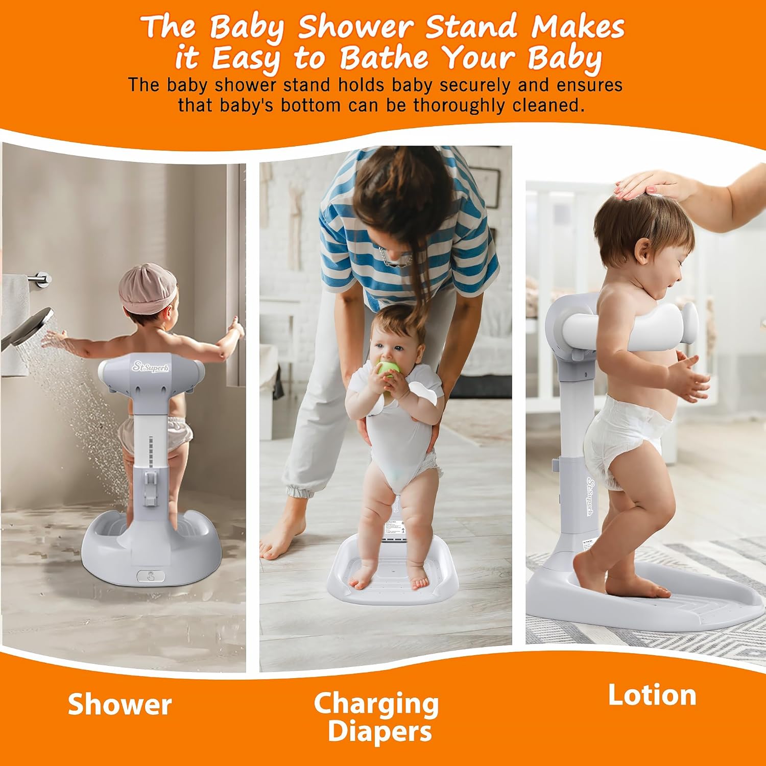 Foldable Baby Shower Stand, Toddler Shower Stand with Anti-Slip Base & Anti-Pinch Silicone, Baby Shower Standing Support 6-36 Months,Baby Stand Up Shower |Soporte para Bañera de Bebé (Grey)