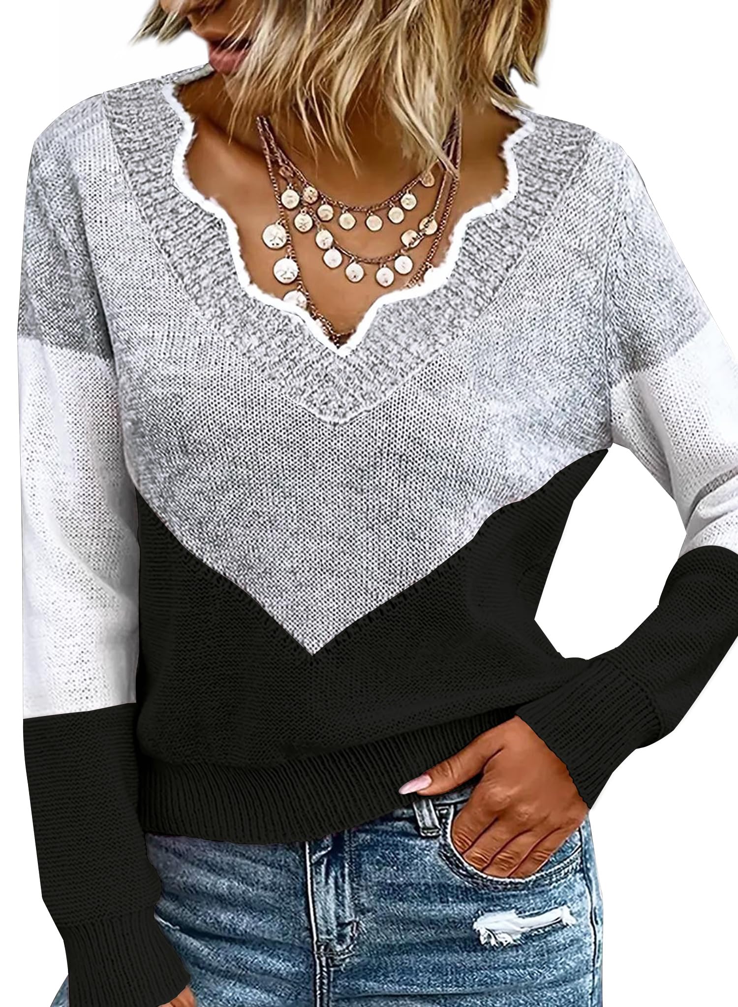 Ranphee Pull Femme Hiver Chaud Chic et Original Fin Elegant Vêtements Automne 2026 Patchwork Sweater