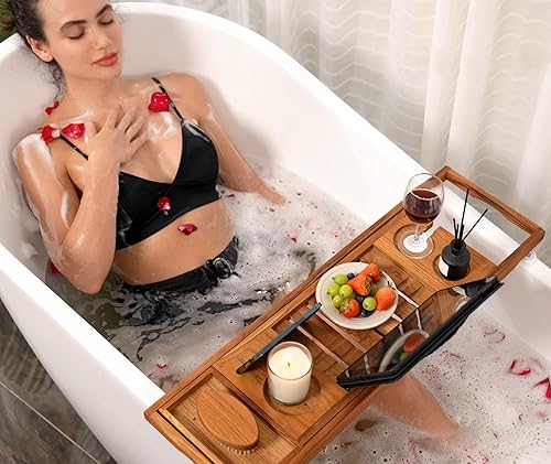 Miniatura 3 de Utoplike Bandeja de baño de teca para bañera, organizador único de bañera con tableta, soporte para toallas de copa de vino, ajustable, para tu ser