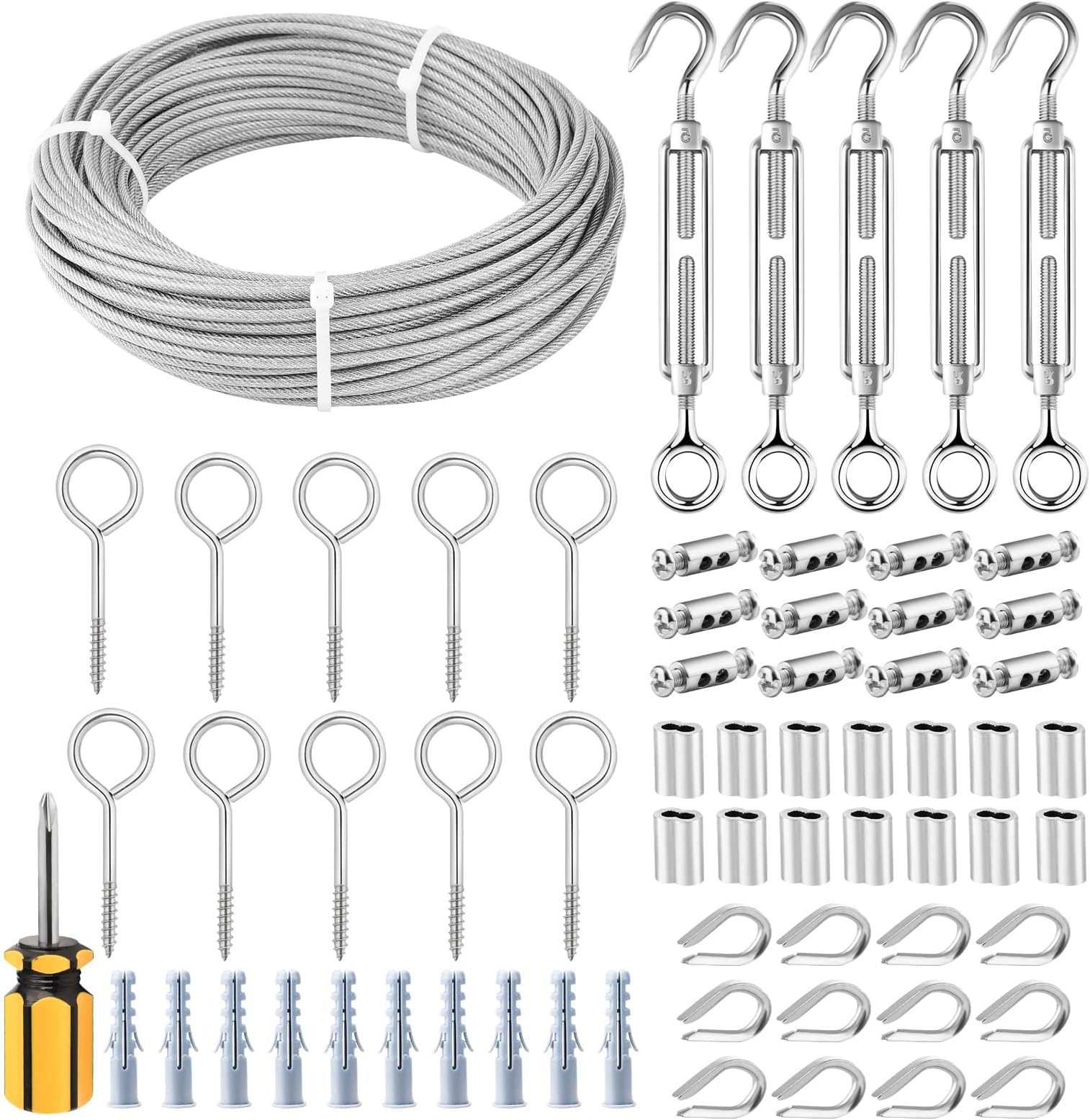 TooTaci 3mm Wire Rope Kit, M5 Turnbuckle Wire Tensioner Kit with 30M/3mm PVC Coated Staienlss Steel Cable, Vine Eyes 80mm & Clamps, Garden Wire for Climbing Plants, for Fence, Lights Hanging Kit