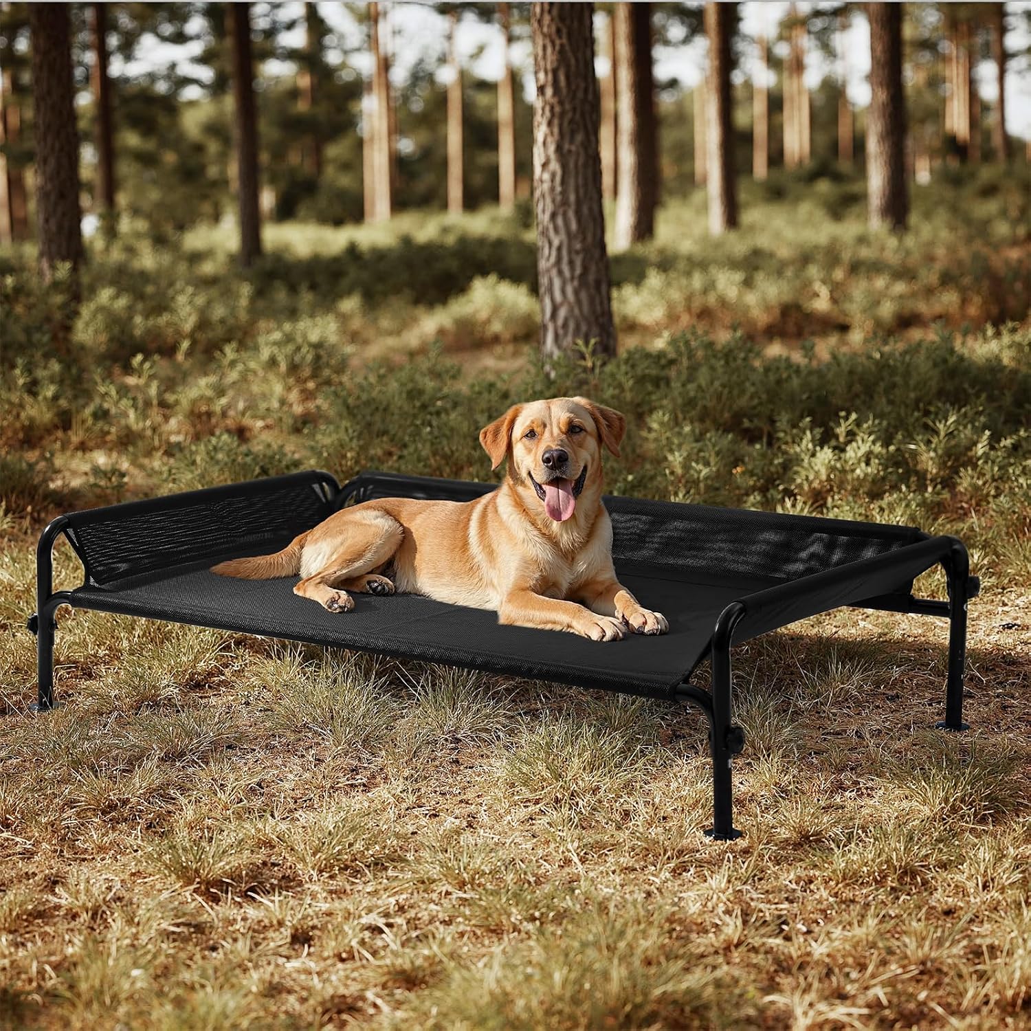 Gardner Pet Elevated Dog Bed, Outdoor Raised Dog Bed, Portable Cooling Bed for Dogs, Elevated Pet Bed with 3-Sided Guardrail, Washable Breathable Mesh, Size L 124x77x31cm, Black