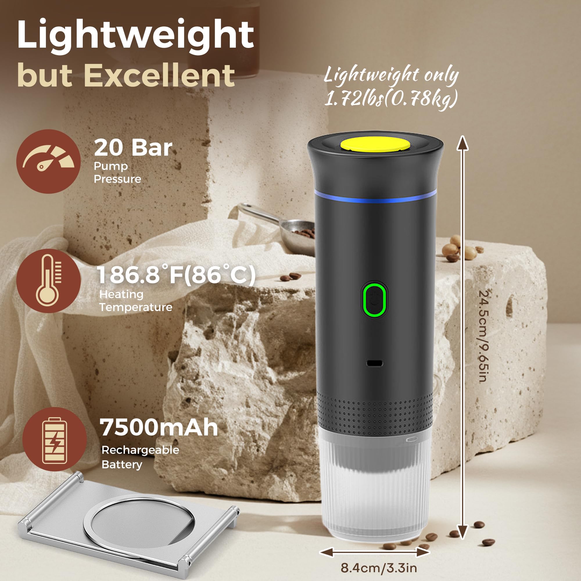 Machine à Café Portable, 3 en 1 Cafetière Expresso avec Support et Sac, Batterie Rechargeable 7500mAh, Compatible Capsules et Café Moulu, Pour Voyage, Camping, Voiture, Bureau (Vert)
