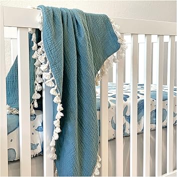 Crane Baby Muslin Swaddle Blanket, Soft Cotton Lightweight Nursery and Stroller Blanket for Baby Boys & Girls, Riverstone, 30 x 40