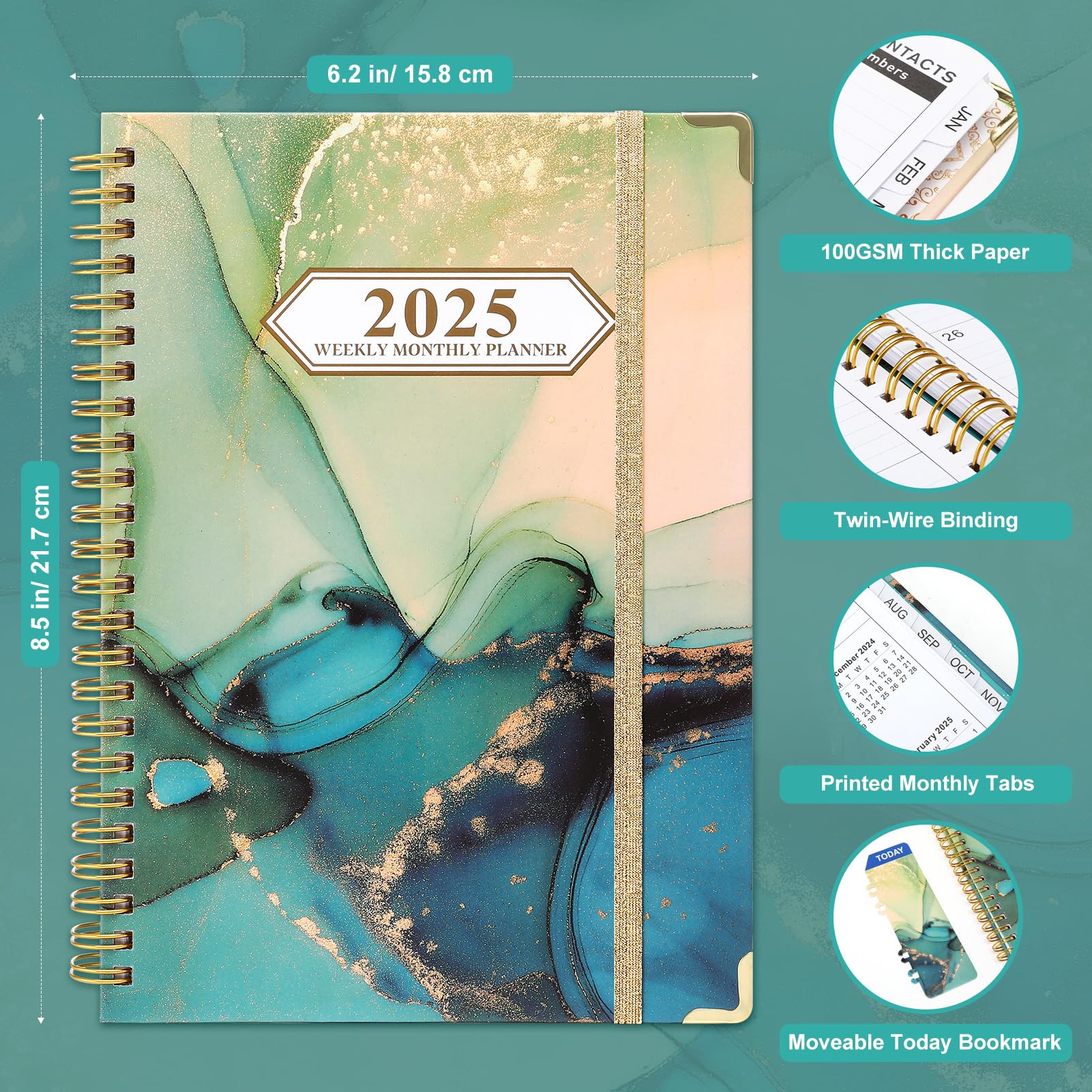 2025 Hardcover Weekly & Monthly Planner – A5 Spiral Bound With Tabs, Inner Pocket, Aquamarine - View #4