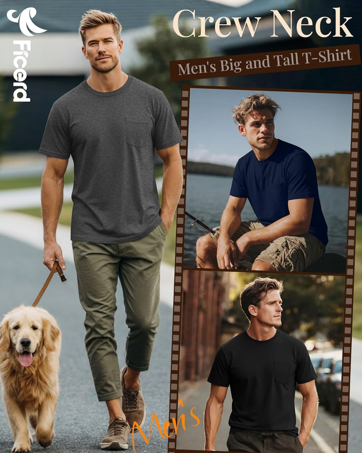 Ficerd 3 Pack Men's Big and Tall T Shirt, Short Sleeve Pocket Cotton Tee Crew Neck Lightweight Tops Solid Loose Fit Shirts(Black, Navy Blue, Dark Mixed Gray,X-Large) - Image 3