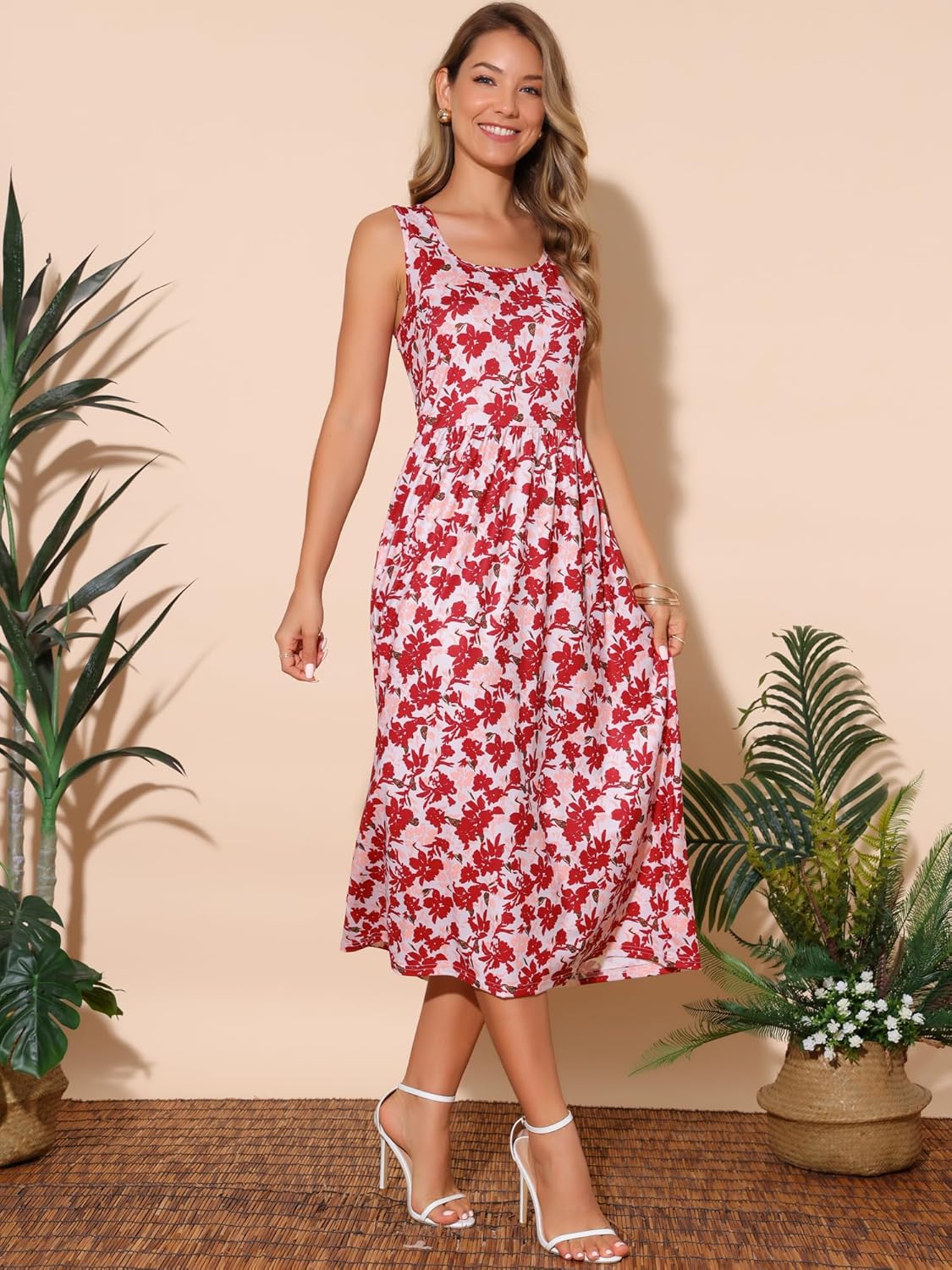 Seta T Women's Sleeveless Midi Dresses Summer Floral Boho Sundresses Beach Flowy Tank Dress with Pocket - Image 2