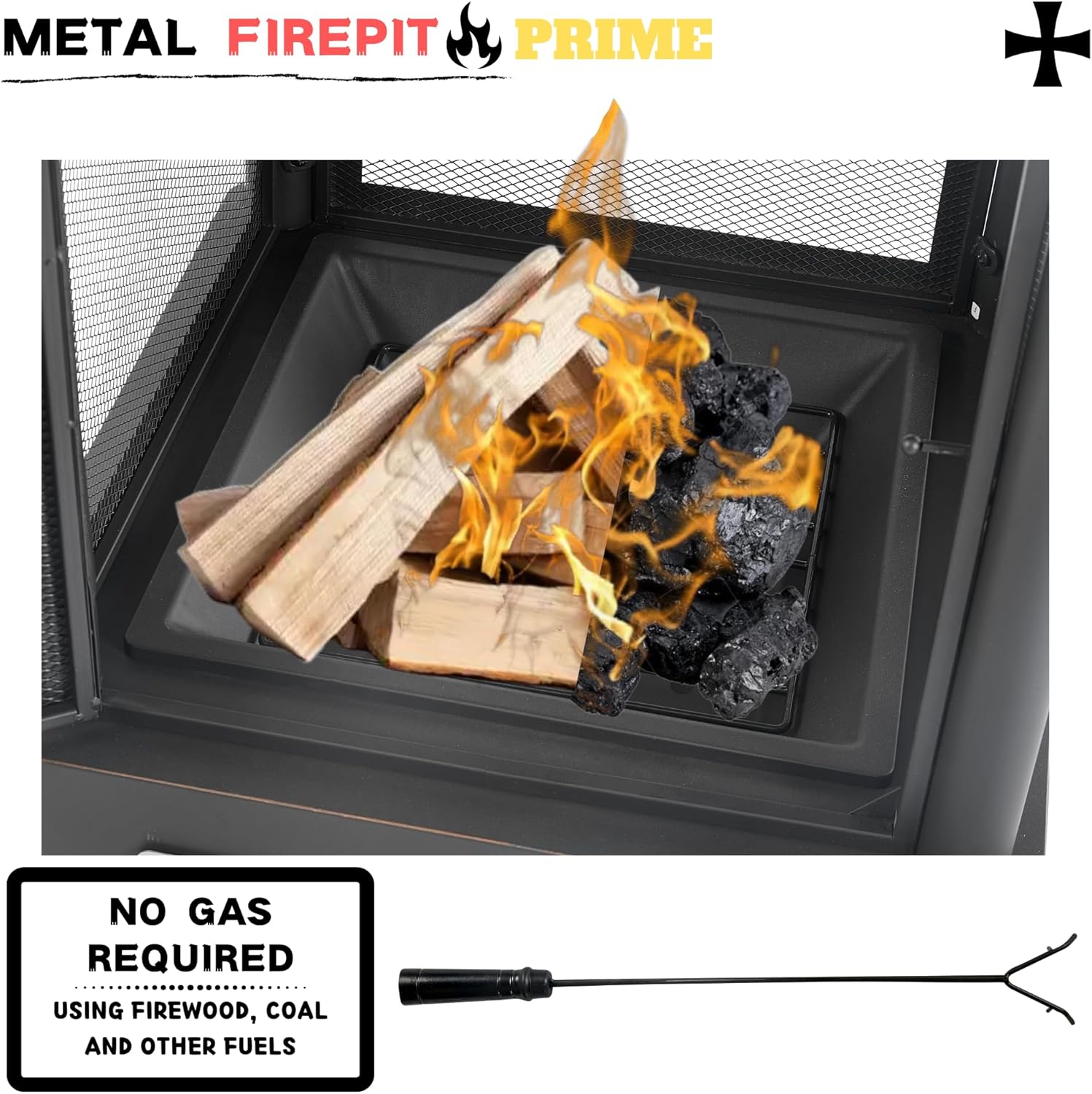 Outdoor Fire Pit with Grill, Wood Burning Fire Pits for Outside with Lid & Fire Poker, Garden Metal Outdoor Heating Furnace for Backyard 2 in 1 Tall Fire Pit for Patio, Picnic, Party (XOT036方形)