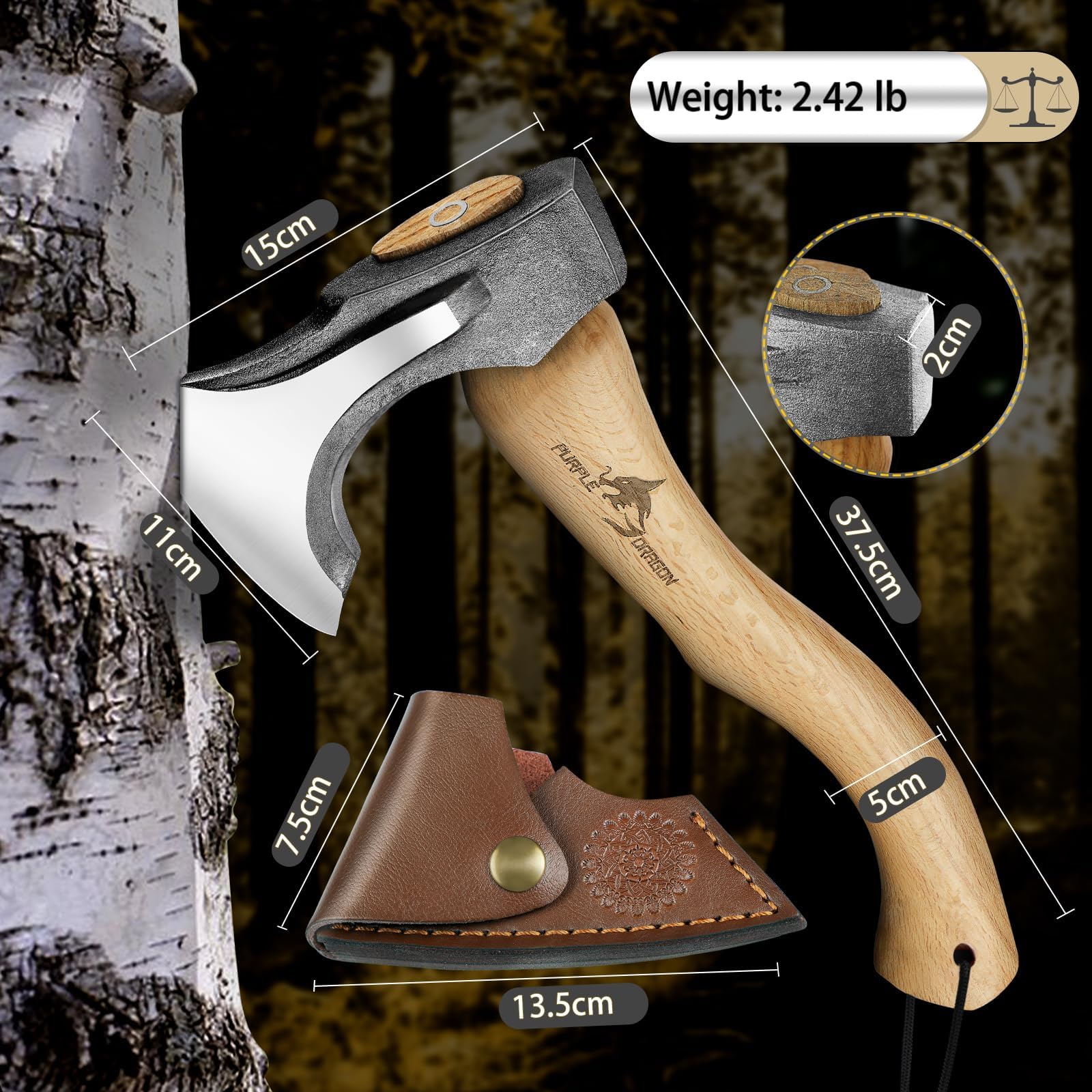 Purple Dragon Hacha Artesanal de 35 cm para Partir Leña, Hacha Bushcraft con Mango de Madera y Pie de Vaca, Forjada a Mano con Funda de Cuero, Ideal para Camping, Supervivencia y Exteriores