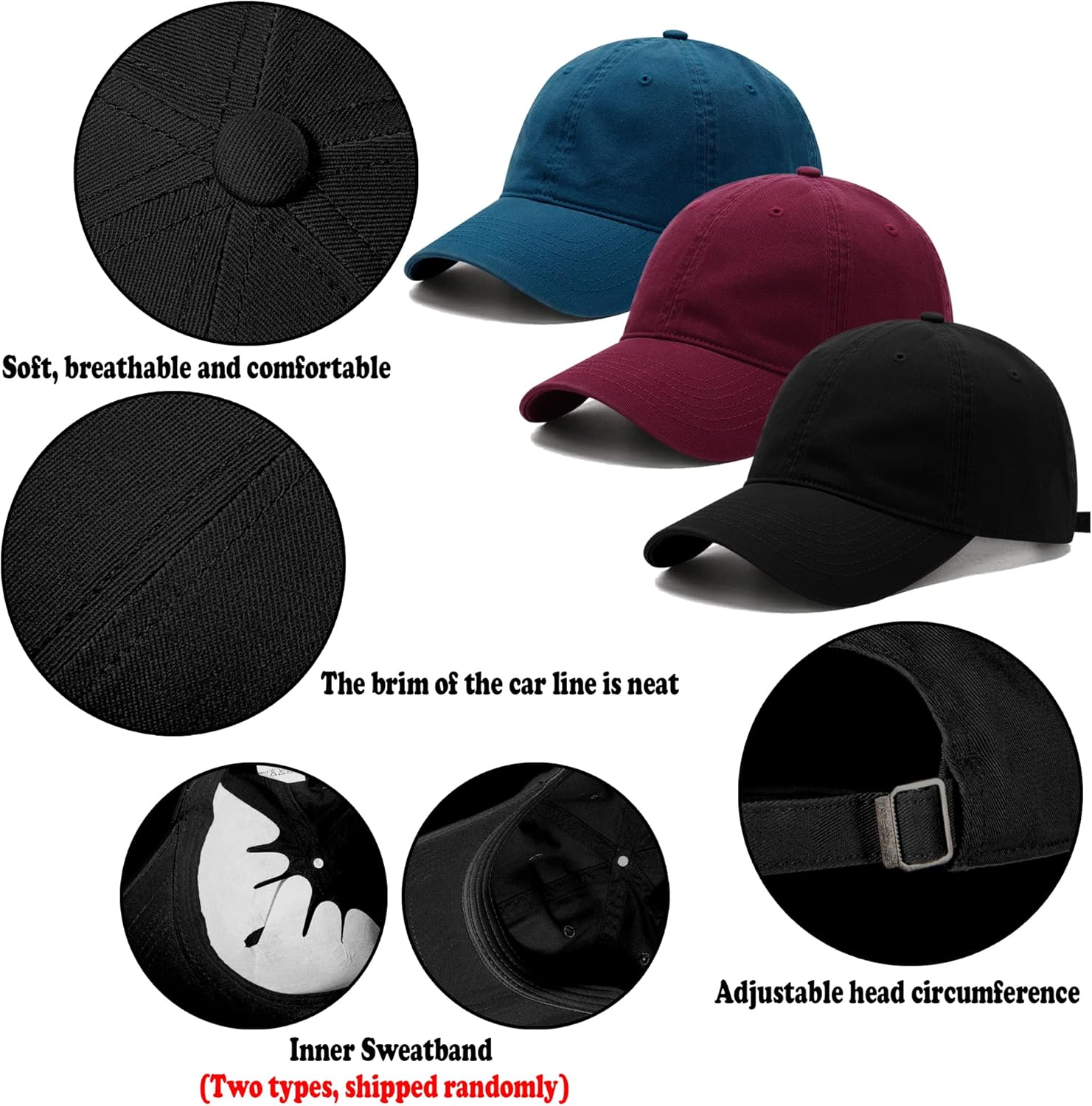 3 Pack Washed Plain Vintage Baseball Cap Cotton Adjustable Twill Bulk Low Profile Classic Dad Hat for Men/Women - Image 3