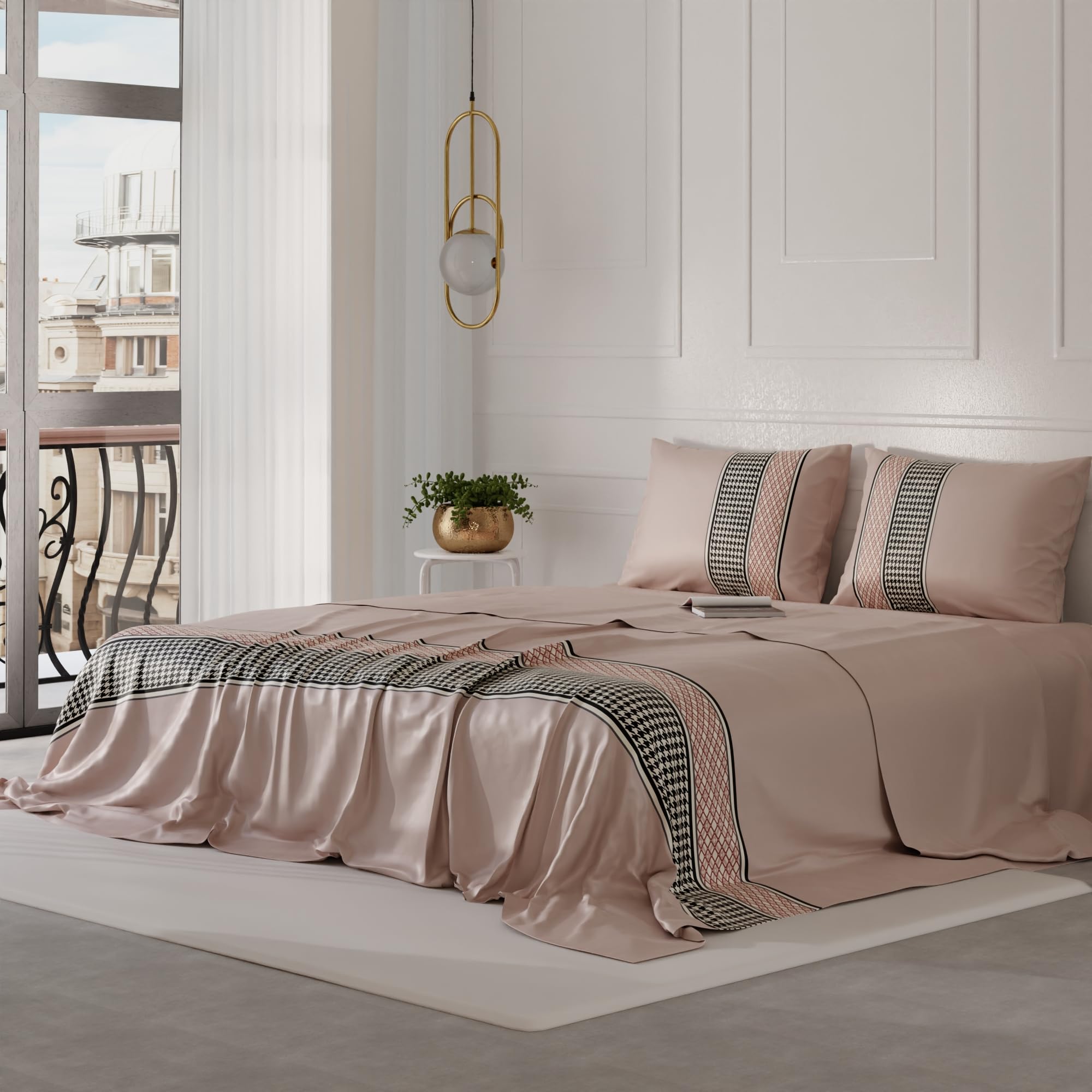 Stoa Paris Satin Bedsheet for Double Bed (228 cm x 254 cm) with 2 Pillow Covers, 300TC Premium Bedding Set, Aesthetic Bedsheets, Wedding Gift for Couples, Versailles - Estate-Champagne