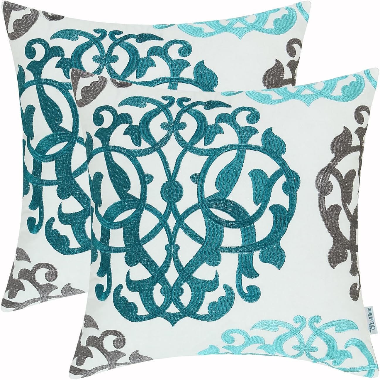 CaliTime Throw Pillow Cases Pack of 2 Cotton Vintage Compass Geometric Floral Embroidered Decorative Cushion Covers for Couch Bed Sofa Farmhouse Decoration 18 X 18 Inches Teal Duckegg Gray