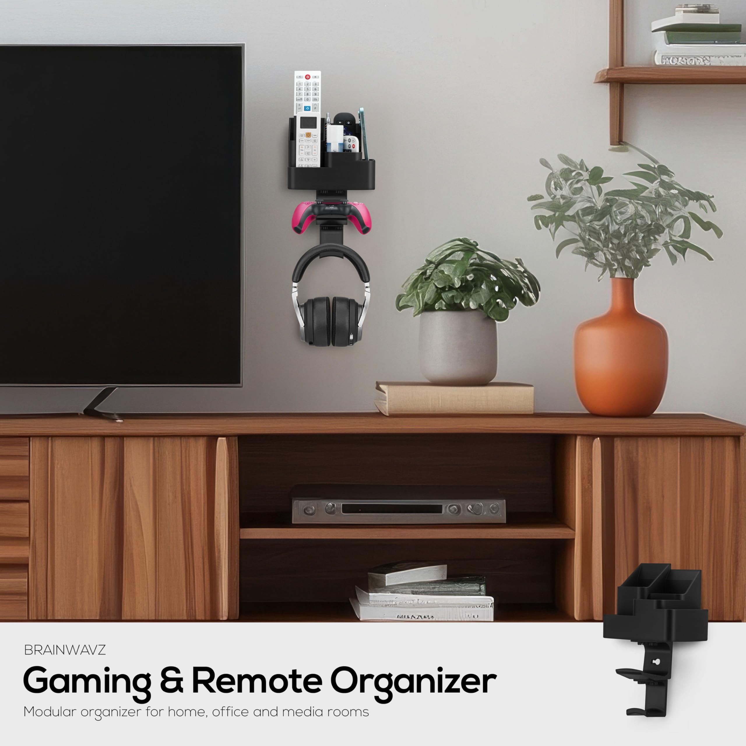 BRAINWAVZ Organizer da parete per telecomandi e videogiochi, supporto per telecomandi/mobile con ganci rimovibili per cuffie e controller – Adatto per PS5, Xbox, TV e telecomandi in streaming
