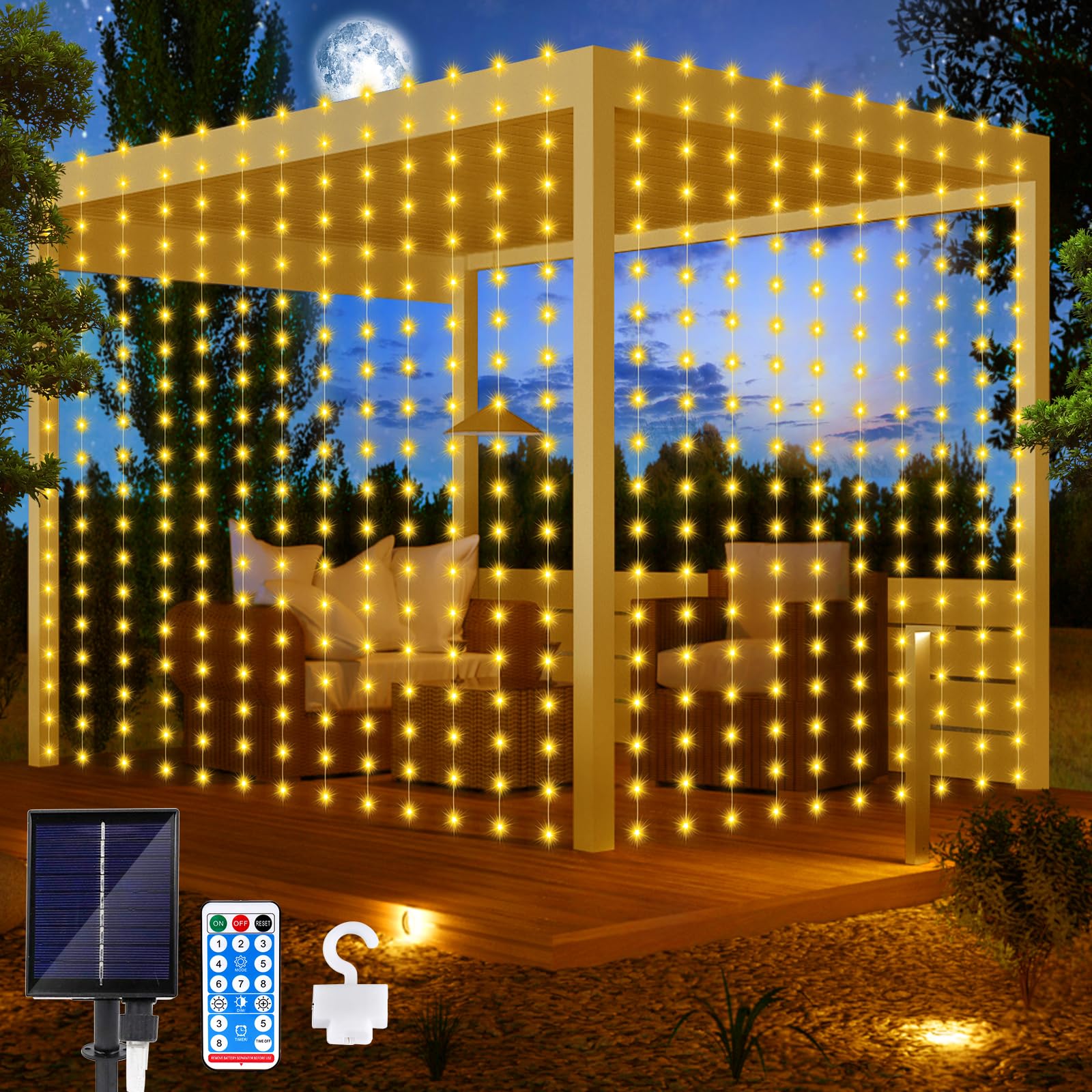 Solar Cortina Luces, Luces de Cadena de Cortina 3Mx3M 300 LED Impermeable Cadena de Luces Solares 8 Modos Guirnalda Luces Exterior Solar con Remote Para Jardín Fiesta Bodas Navideñas Decoración