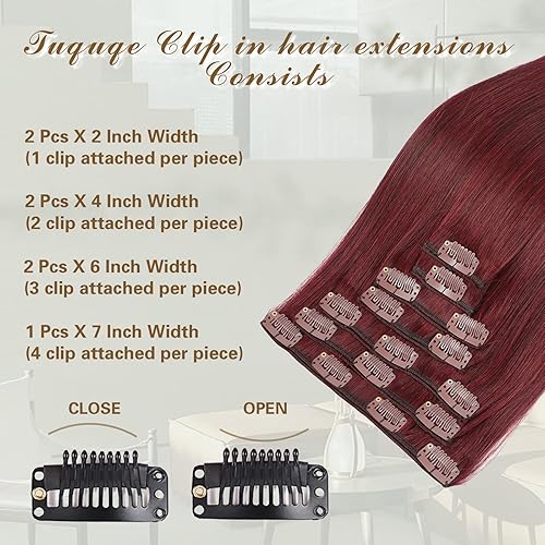 Miniatura 4 de Tuquqe Extensiones de cabello humano real con clip, 22 pulgadas, color rojo vino 99 J, sin costuras, cabello humano burdeos, 4.23 oz, cabeza