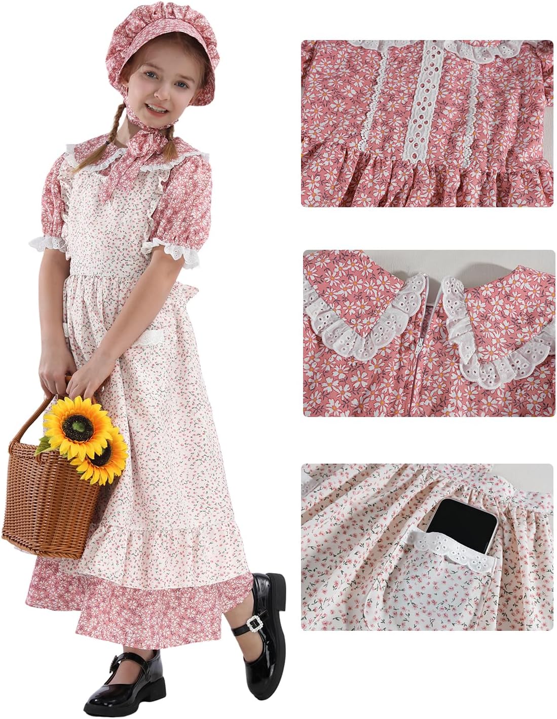 CR ROLECOS Prairie Dresses Girls Colonial Costume Pioneer Girl Dress with Floral Pinafore