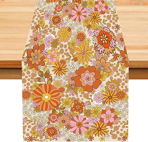 Miniatura 65 de Camino de mesa retro de los años 70, estilo vintage, arte abstracto moderno, verde, bohemio, espiral, ondas, granja, campo, cena, para el hogar,