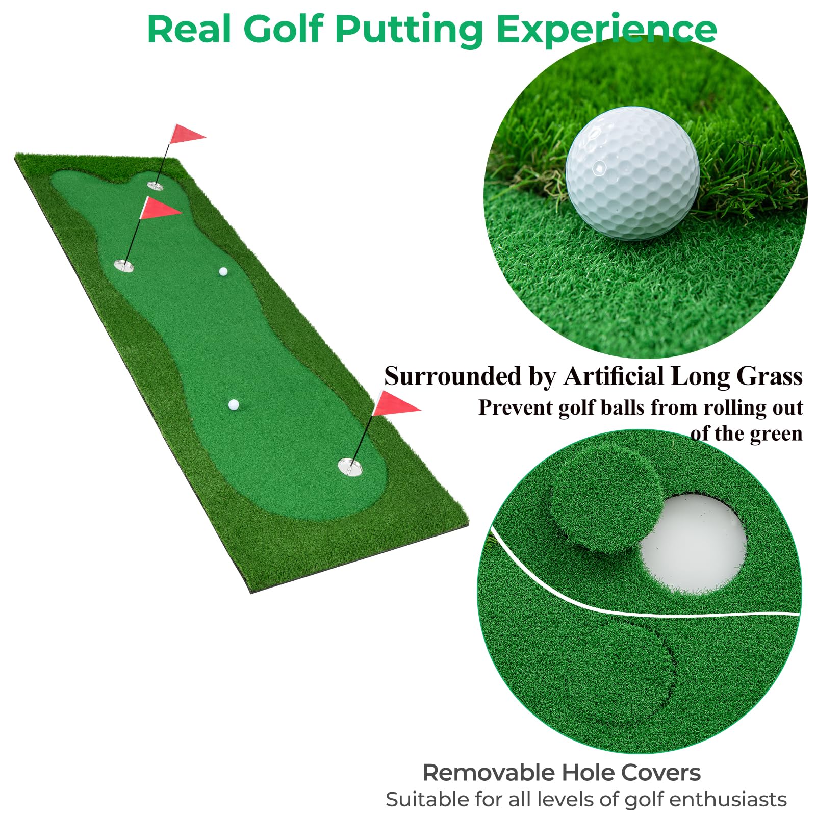 LIFEZEAL Alfombrilla de Entrenamiento de Golf, 3x1m, Esterilla Golf Profesional con 2 Pelotas de Golf, Alfombra de práctica con 3 Agujeros, tapete de Golf Plegable para Interior y Exterior