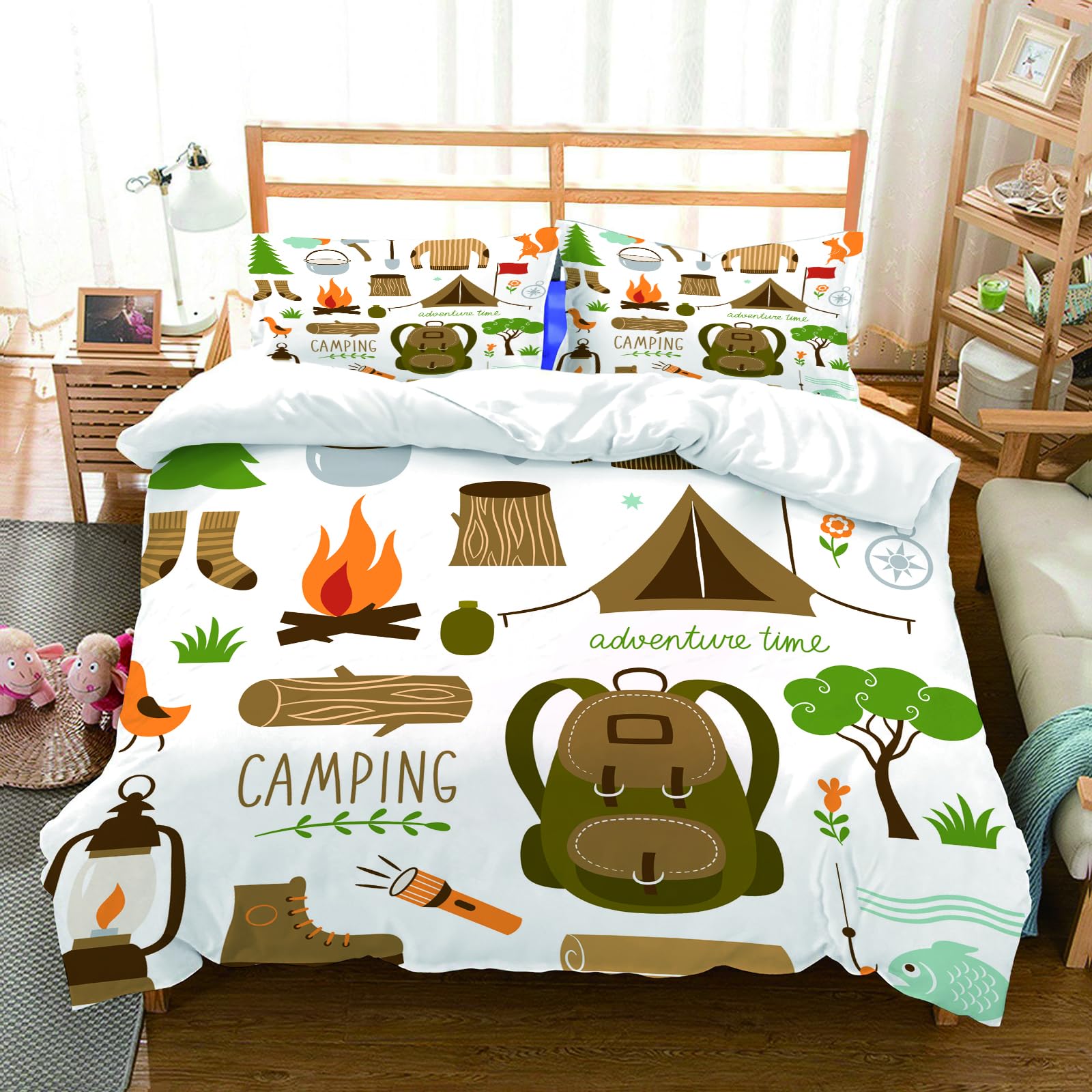 Bettwäsche Set 100% Baumwolle ist,Abenteuer, Campingausrüstung, Schlafsack, Stiefel, Lagerfeuer, Schaufel, Beil, H,und allem auch für Personen mit Hautsensibilisierung empfohlen 228x264cm