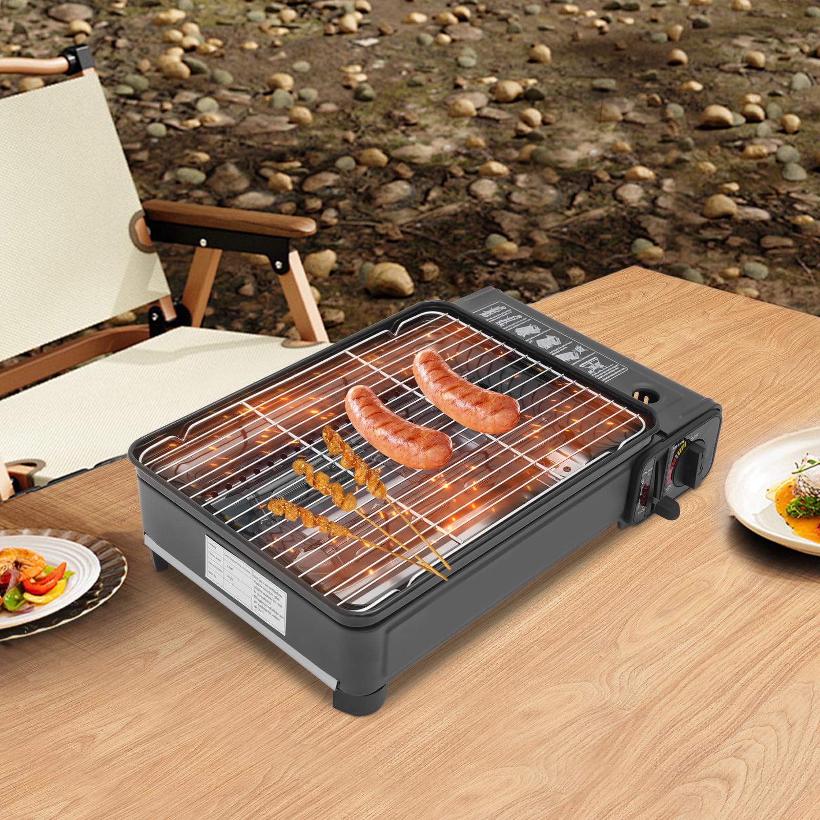 Barbecue a gas portatile con 2,2 KW di potenza, barbecue da campeggio con accensione piezoelettrica, fiamma regolabile e protezione da sovrapressione per campeggio, picnic, balcone ed esterni