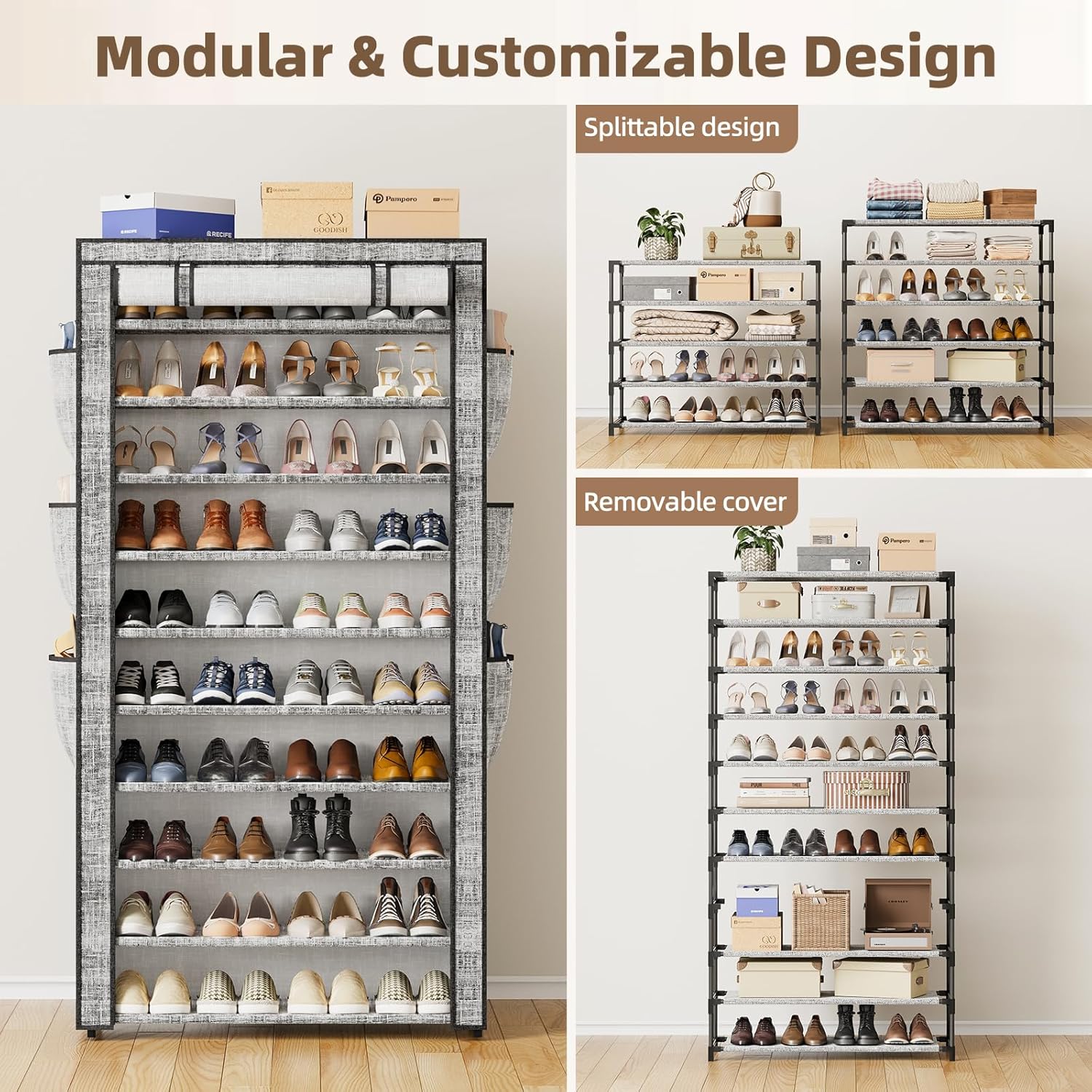 SUPERLELE Shoe Rack with Cover, Large Capacity Shoe Organizer Storage 45 Pairs, 10 Tier Tall Shoe Shelf with 6 Side Pockets, Space Saving Shoe Storage for Closet, Entryway Hallway, Gray