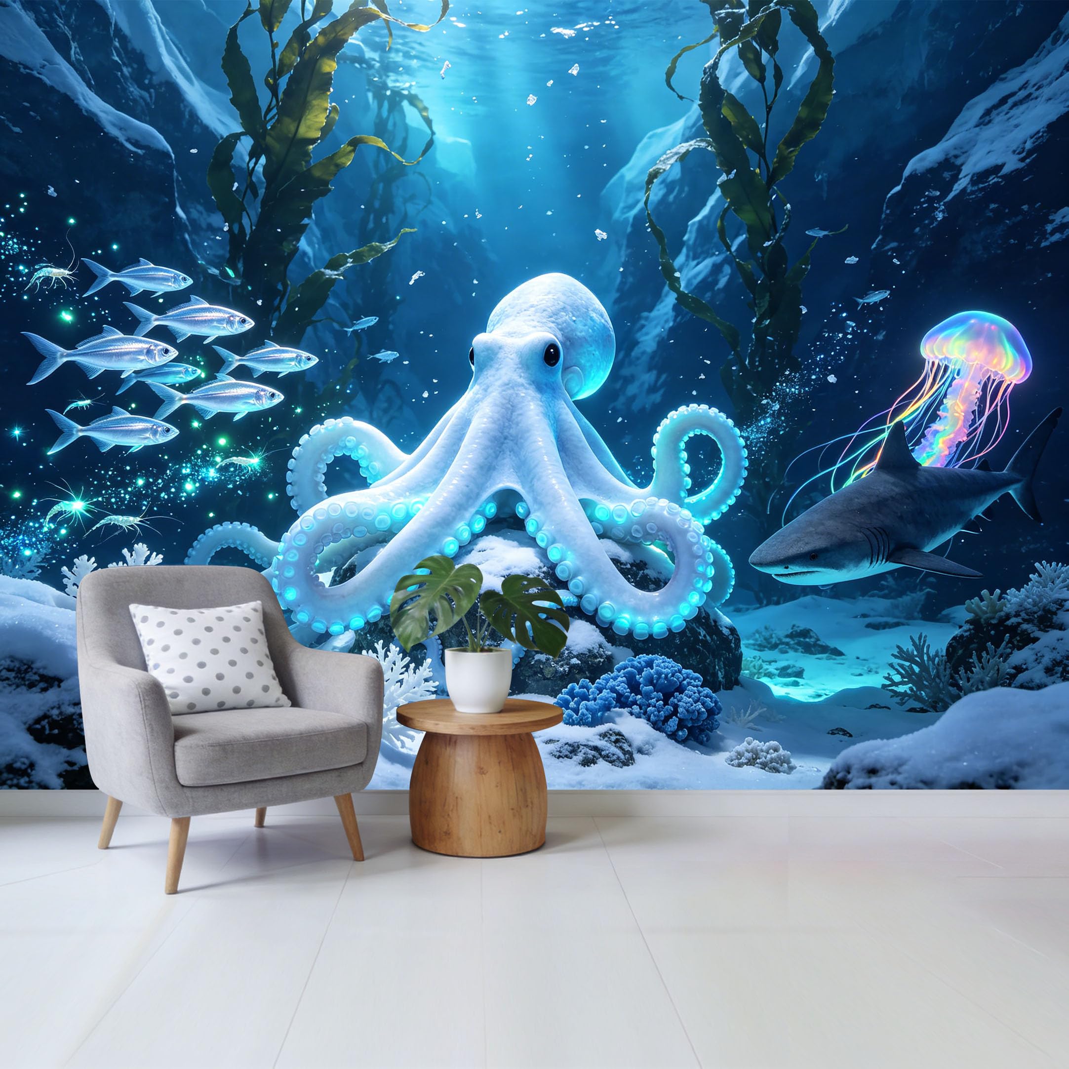 Custom Size Wall Mural Ocean Marine Octopus Shark Jellyfish Coral Reef 3D Underwater Scene Removable Self Adhesive Fabric Home Wall Decor for Living Room Bedroom Bathroom