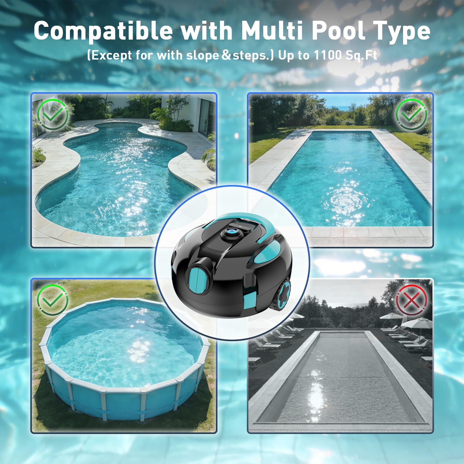 KKI Poolroboter,Automatischer Kabelloser Poolreiniger, 130 Min. Laufzeit, Leichtgewicht Poolroboter, bis zu 65 ft/1100 qm (Rad)