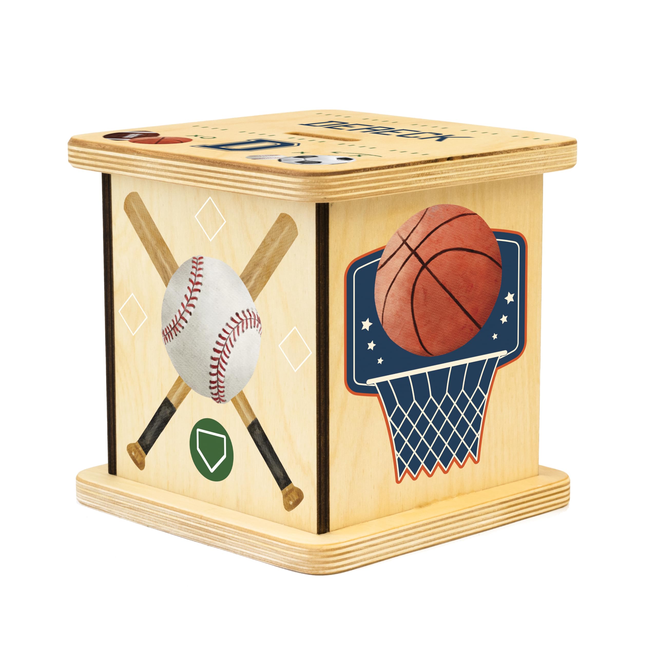 Personalized Wooden Piggy Bank for Kids and Adults, Handmade in USA by BloomOwl, Custom Coin Bank, Personalized Banks for Kids, Gifts for Baby Boys and Girls (Sports)