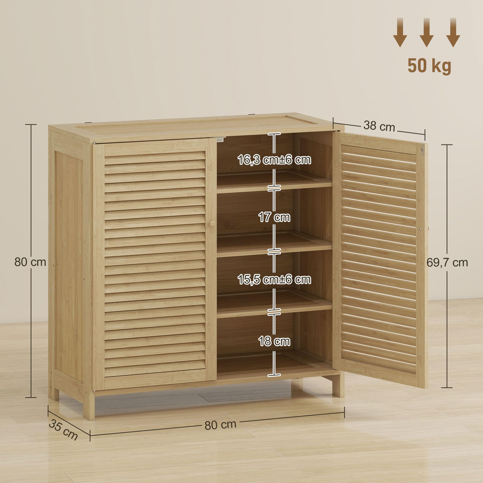 HOMCOM Mueble Zapatero de Bambú, Armario para Zapatos con Puertas de Persiana, Estantes Ajustables, para 14 Pares de Zapatos, Zapatero para Pasillo Recibidor, 80x35x80 cm, Natural