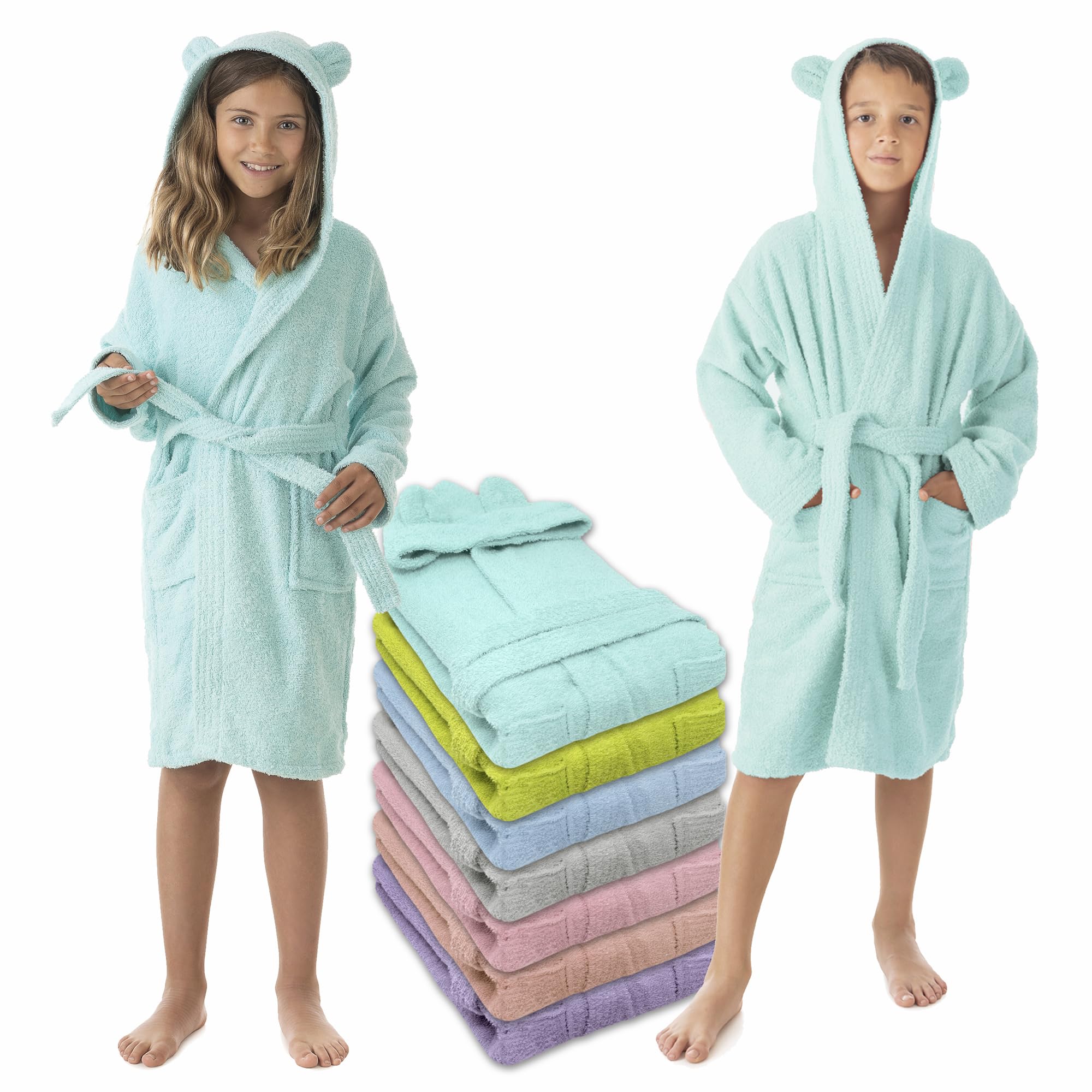 Image secondaire de Peignoir de Bain Enfant Turquoise avec Capuche et Oreilles - 100% Coton