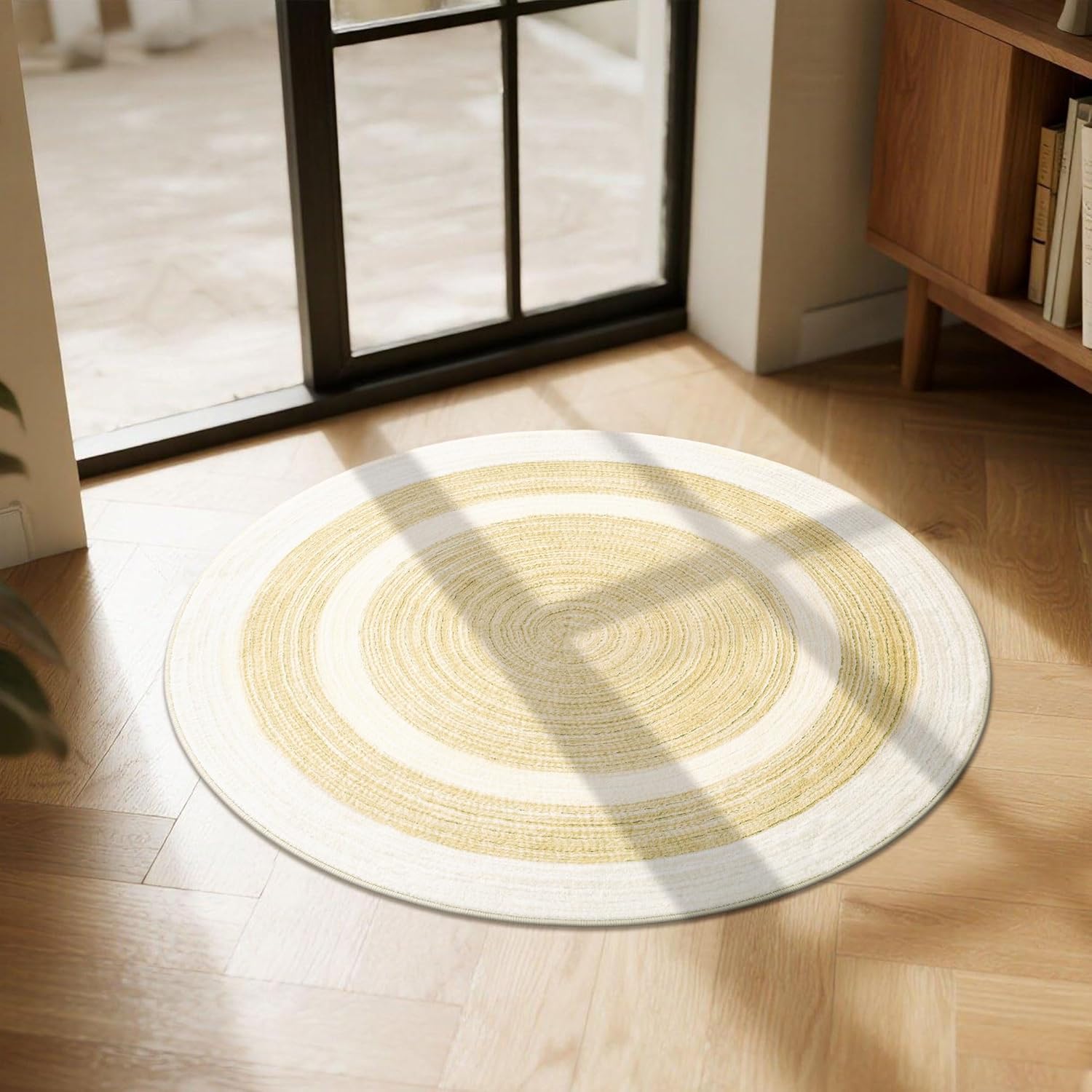 Carvapet 8 ft Round Faux Jute Rug - Soft Low Pile Small 96 inch/244 cm Beige Machine Washable Circle Carpet with Non Slip Rubber Backing, Foldable Area Rug for Living Room Bedroom Nursery Bathroom Sand 8' (Round)