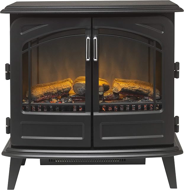 Dimplex Cassia Noir Large Optiflame Electric Stove, Black Cast Iron Effect Wood Burner Style Stove with Artificial Logs, LED Flame Effect, Opening Doors, 2kW Adjustable Fan Heater and Remote Control