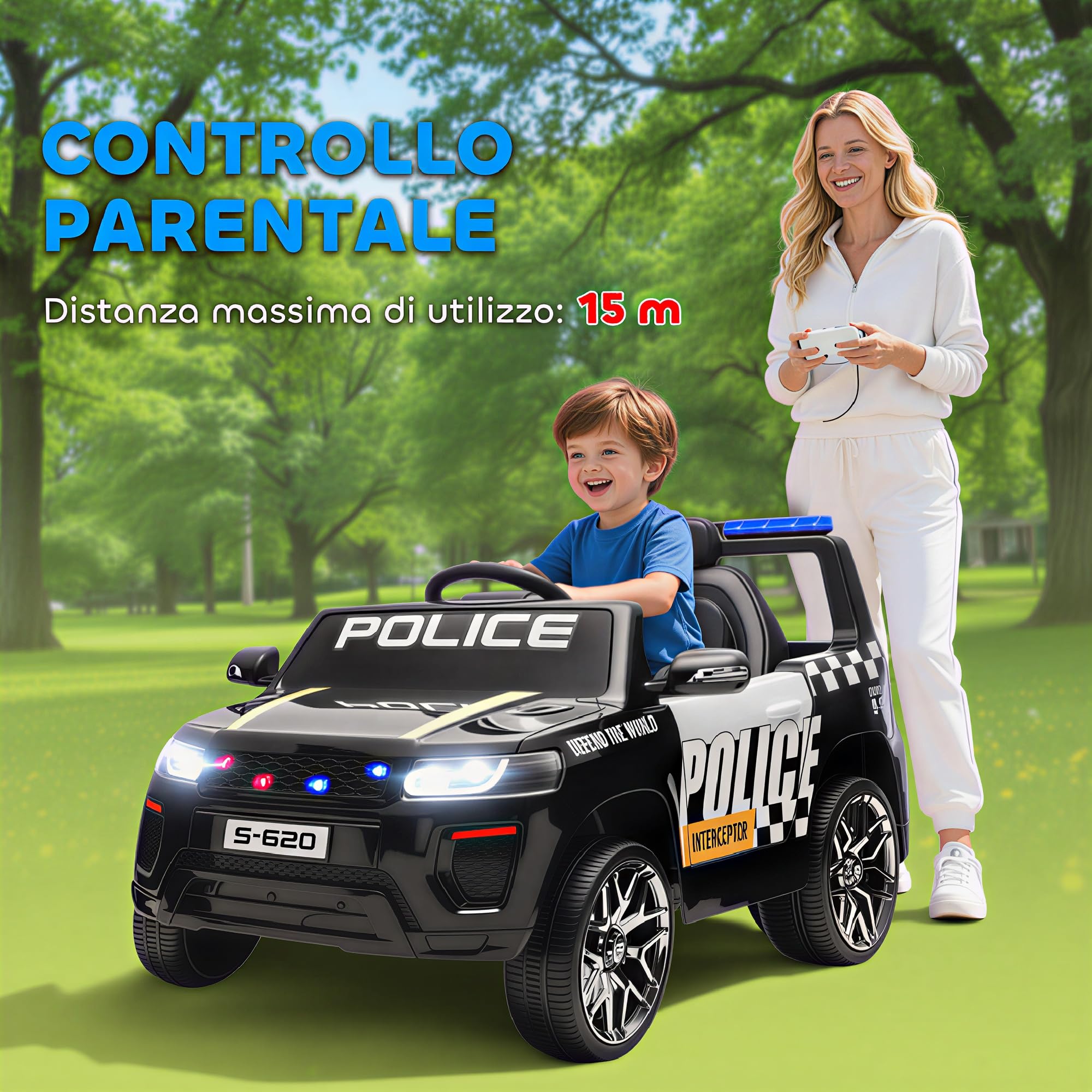AIYAPLAY Macchina Elettrica della Polizia per Bambini 3-5 Anni 12V 2 Motori | Sirena, Luci LED, Sospensioni, Telecomando, USB, Bluetooth, Musica, Clacson, 3-5 km/h